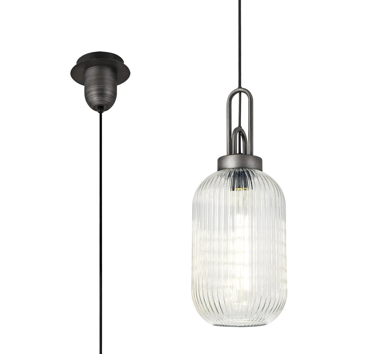 Allardyce 1 Light Pendant E27 20cm Tubular Ribbed Glass, Clear Black/Aged Pewter