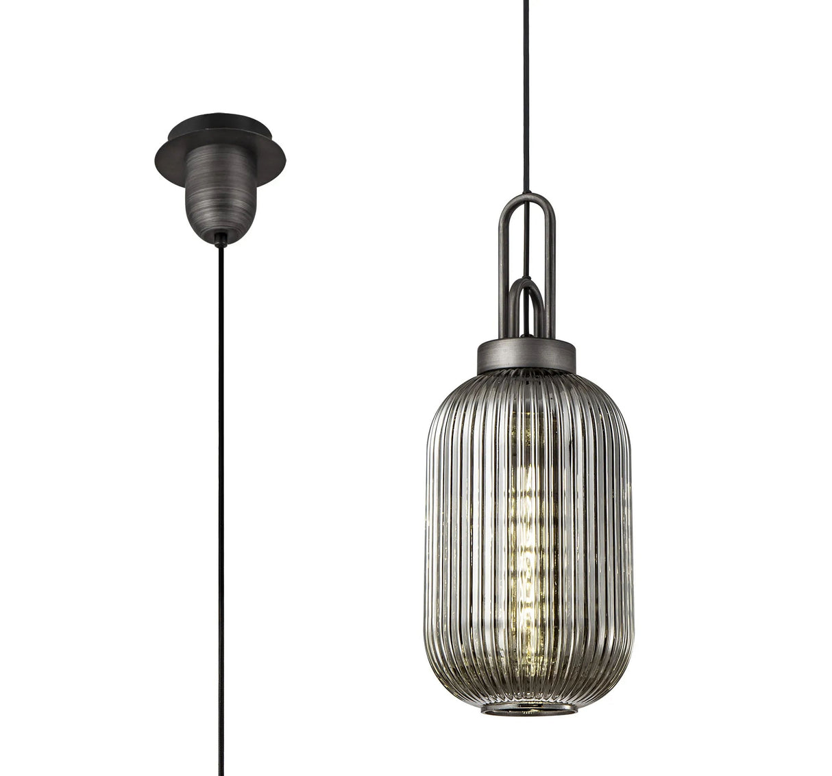 Allardyce 1 Light Pendant E27 20cm Tubular Ribbed Glass, Smoked Black/Aged Pewter