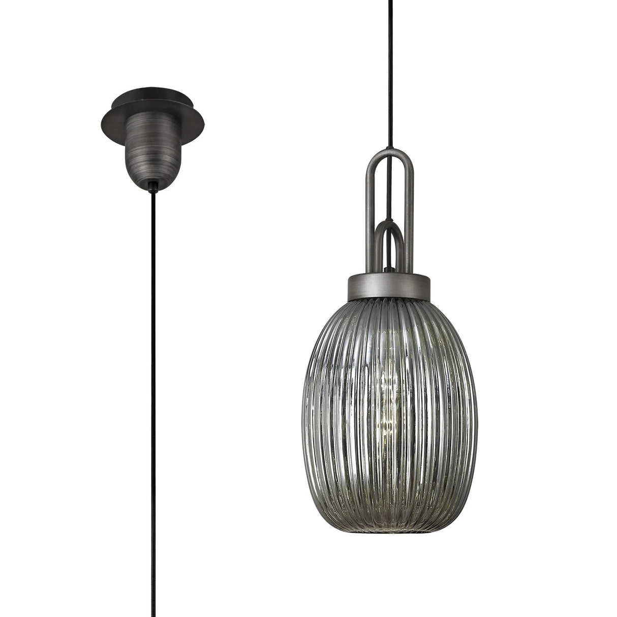 Allardyce 1 Light Pendant E27 20cm Almond Ribbed Glass, Smoked Black/Aged Pewter