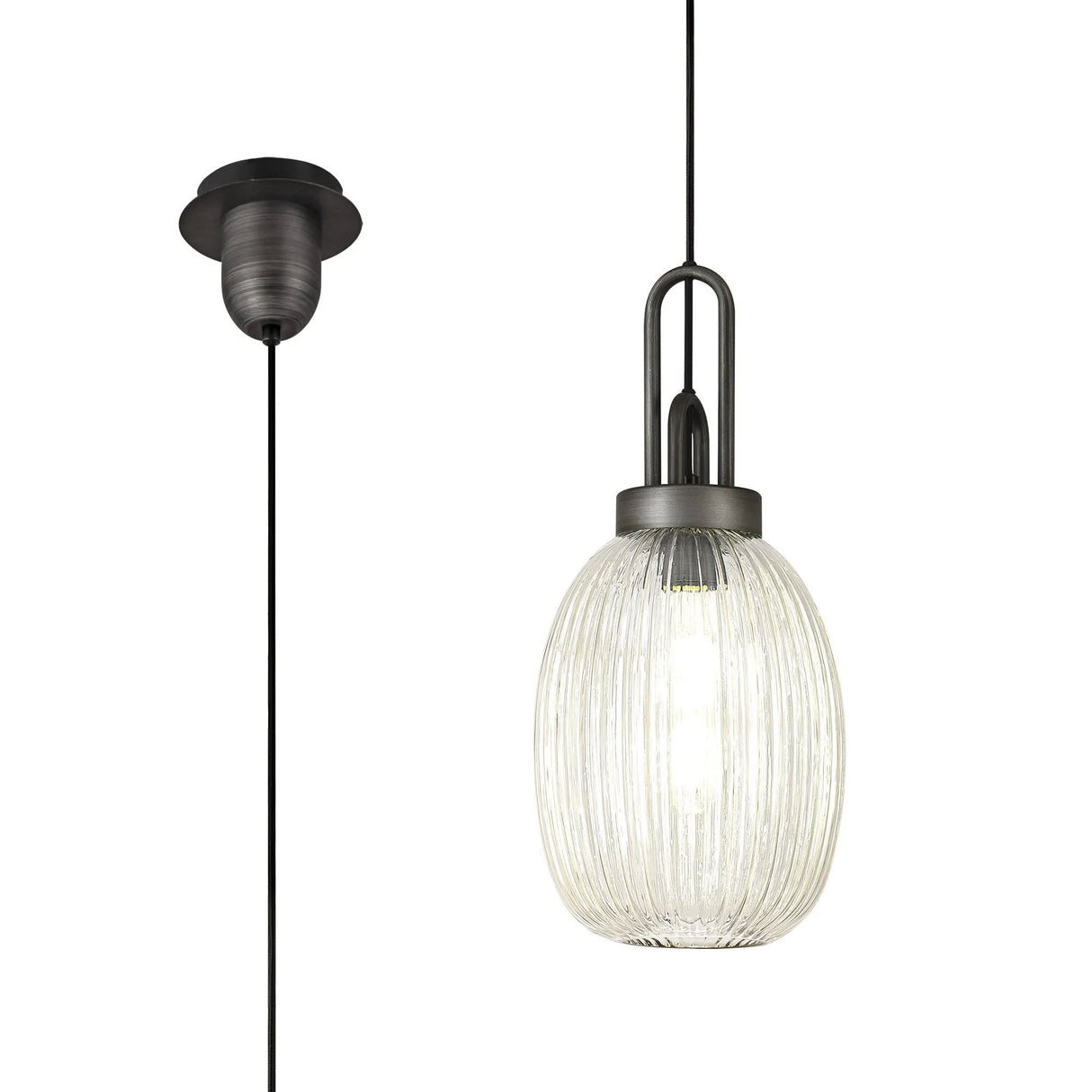 Allardyce 1 Light Pendant E27 20cm Almond Ribbed Glass, Champagne Black/Aged Pewter