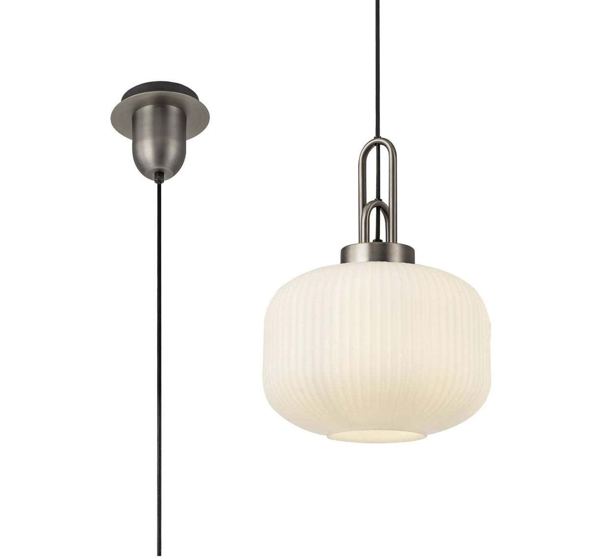 Allardyce 1 Light Pendant E27 30cm Pumpkin Shaped Ribbed Glass, Opal Antique Silver/Black