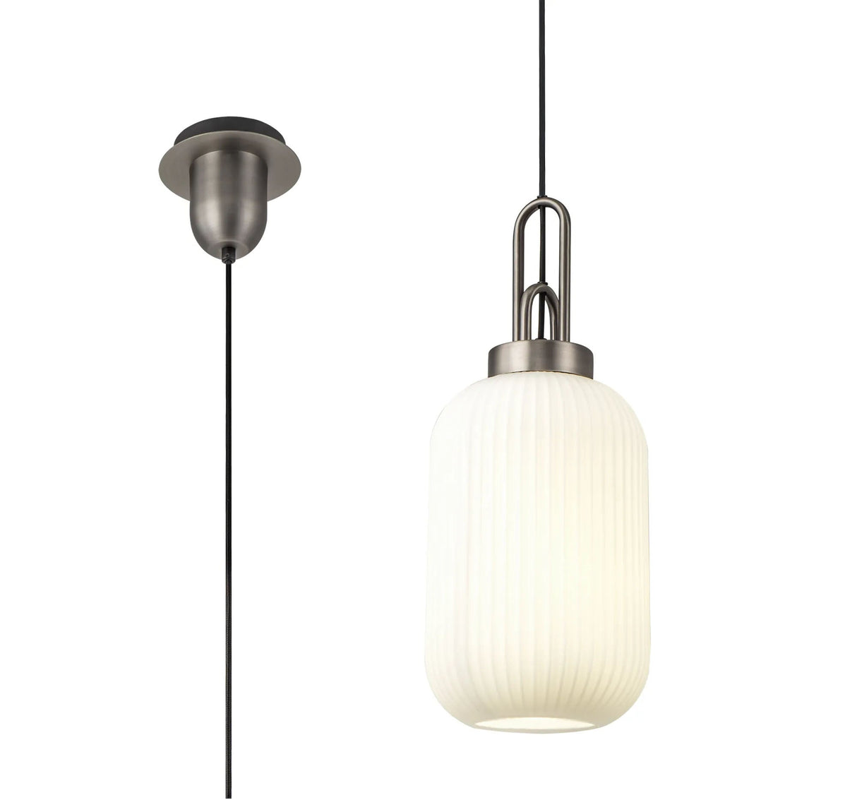 Allardyce 1 Light Pendant E27 20cm Tubular Ribbed Glass, Opal Antique Silver/Black