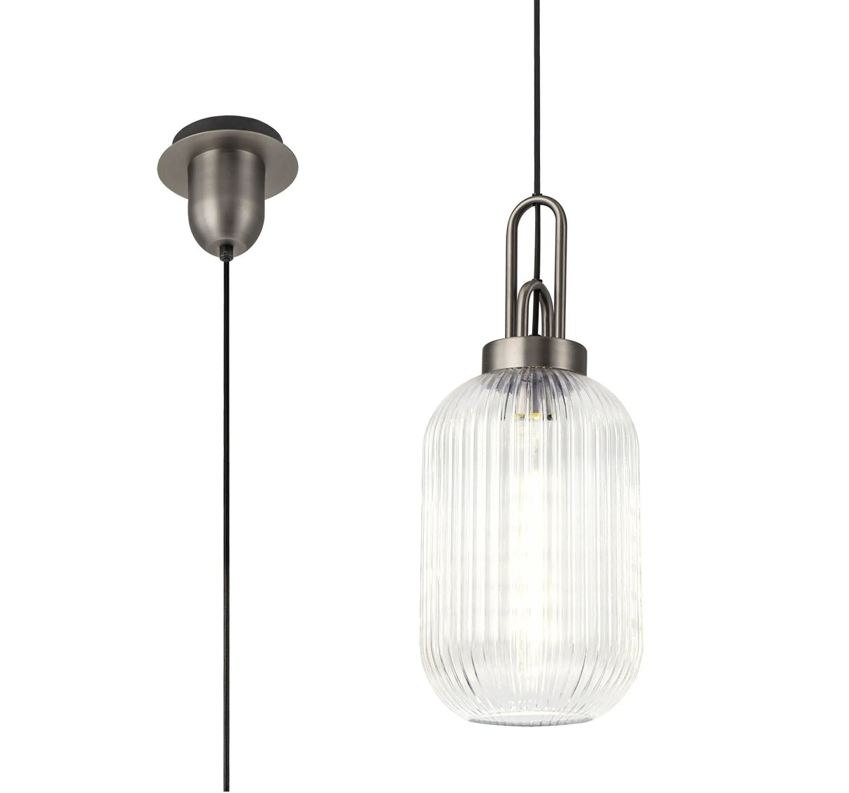 Allardyce 1 Light Pendant E27 20cm Tubular Ribbed Glass, Clear Antique Silver/Black