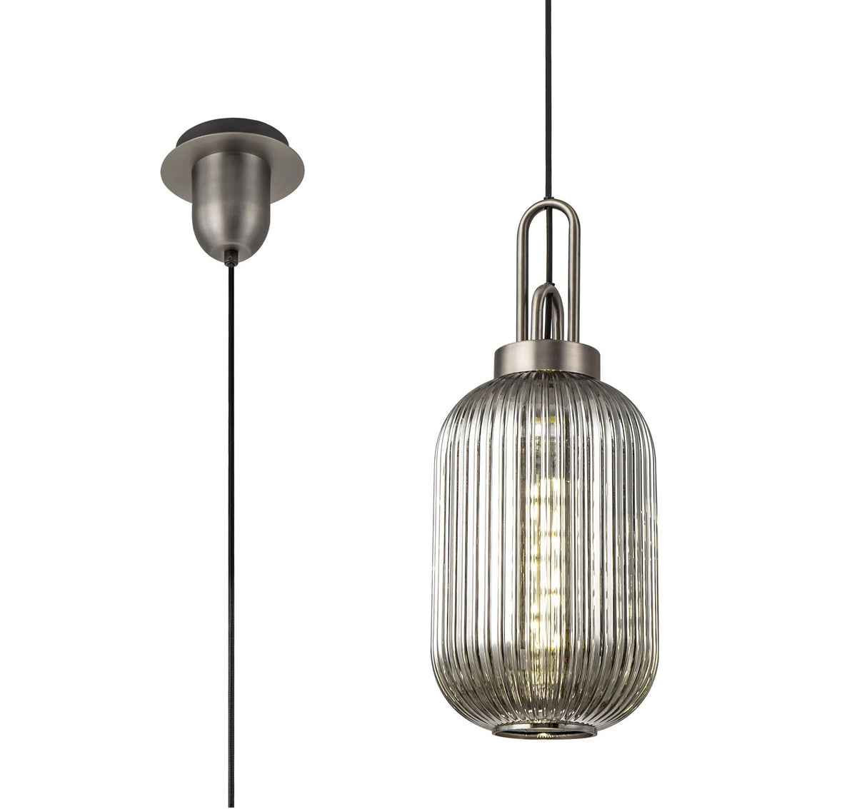 Allardyce 1 Light Pendant E27 20cm Tubular Ribbed Glass, Smoked Antique Silver/Black