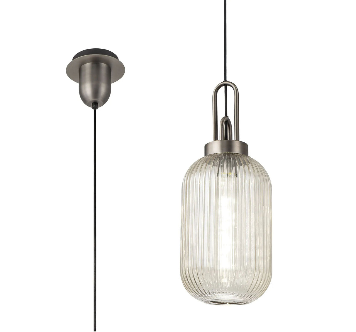 Allardyce 1 Light Pendant E27 20cm Tubular Ribbed Glass, Champagne Antique Silver/Black