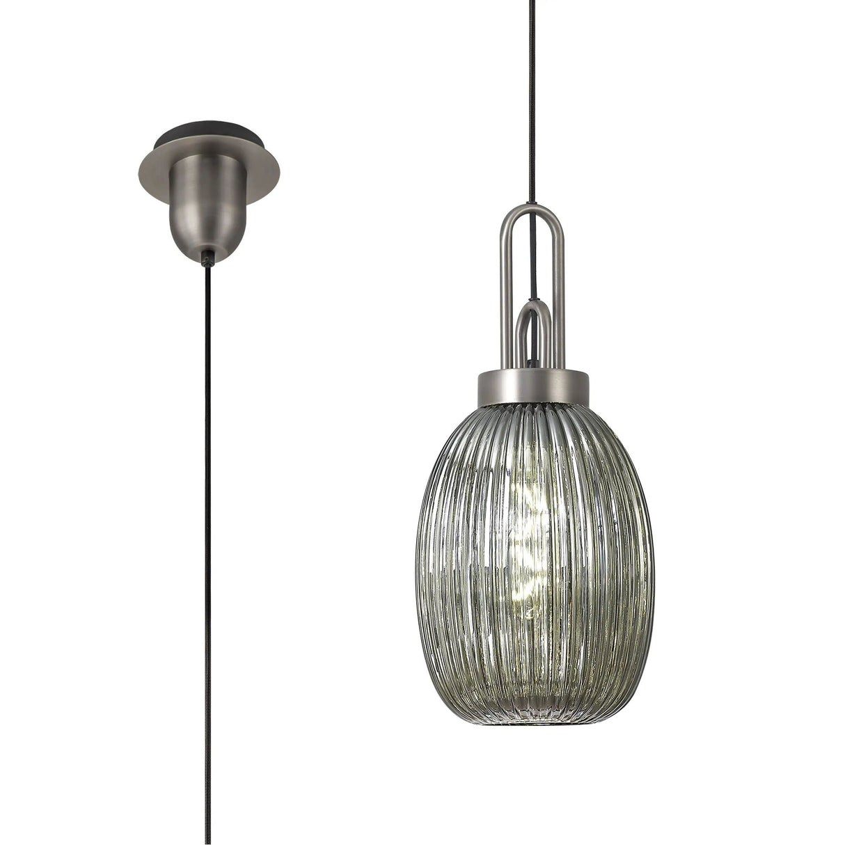 Allardyce 1 Light Pendant E27 20cm Almond Ribbed Glass, Smoked Antique Silver/Black