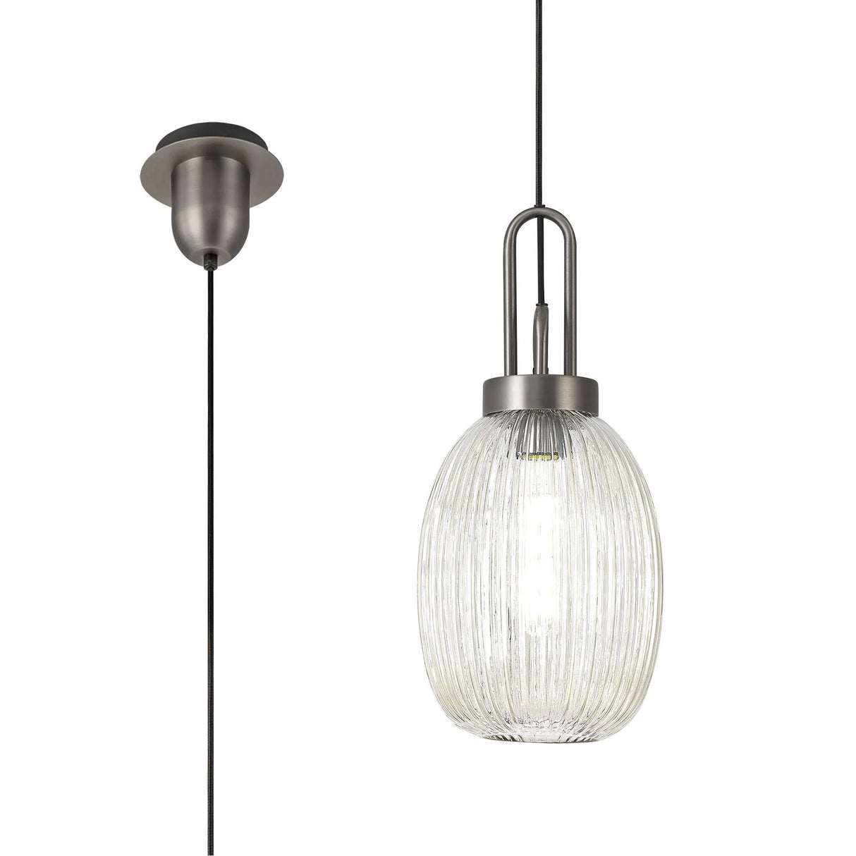 Allardyce 1 Light Pendant E27 20cm Almond Ribbed Glass, Champagne Antique Silver/Black