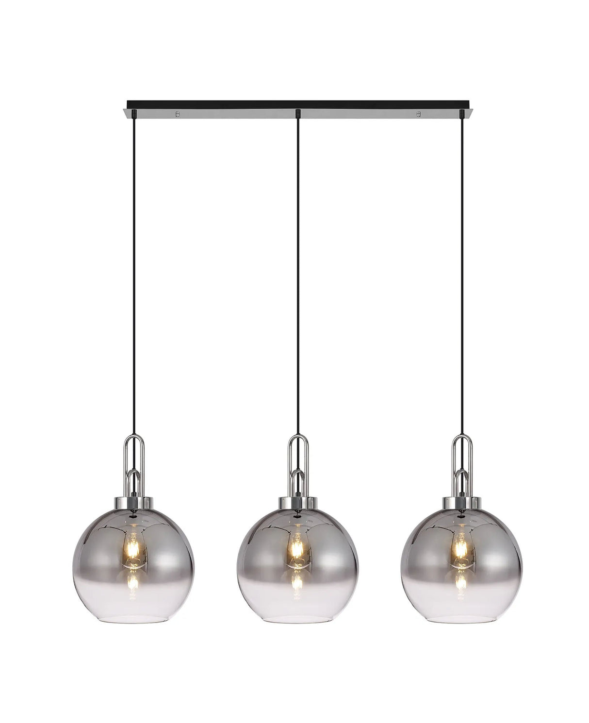 Allardyce Linear 3 Light Pendant E27 With 30cm Globe Glass, Smoked/Clear Polished Nickel/Matt Black