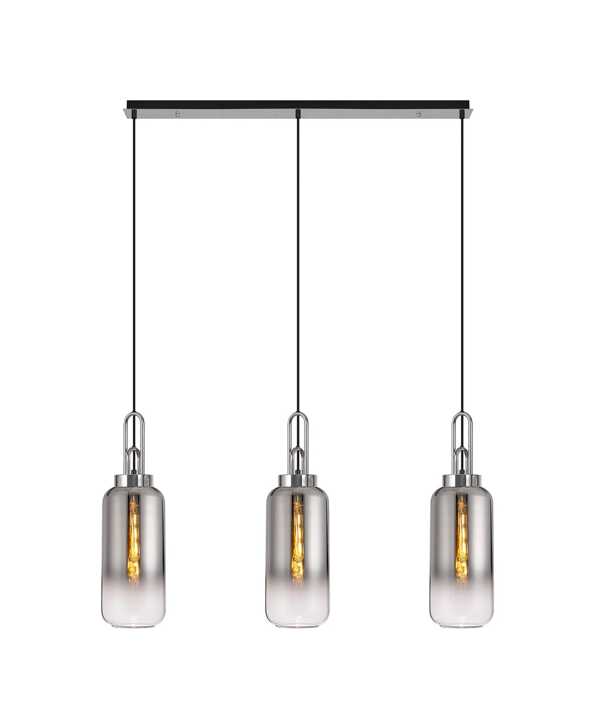 Allardyce Linear 3 Light Pendant E27 With 16cm Cylinder Glass, Smoked/Clear Polished Nickel/Matt Black