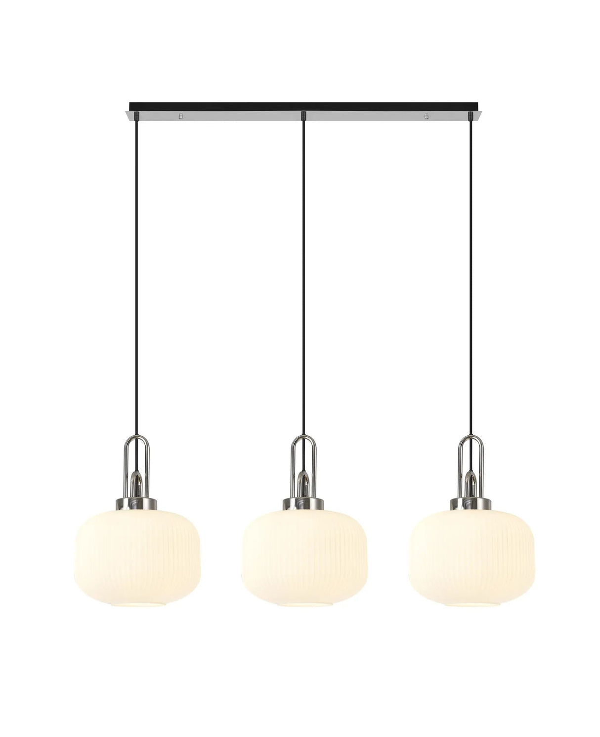 Allardyce Linear 3 Light Pendant E27, Polished Nickel/Matt Black With 30cm Pumpkin Shaped Ribbed Opal Glass