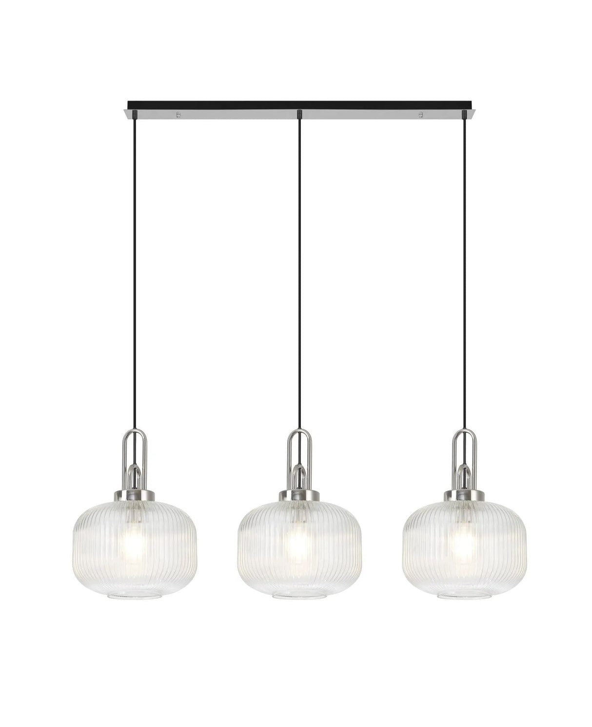 Allardyce Linear 3 Light Pendant E27, Polished Nickel/Matt Black With 30cm Pumpkin Shaped Ribbed Clear Glass
