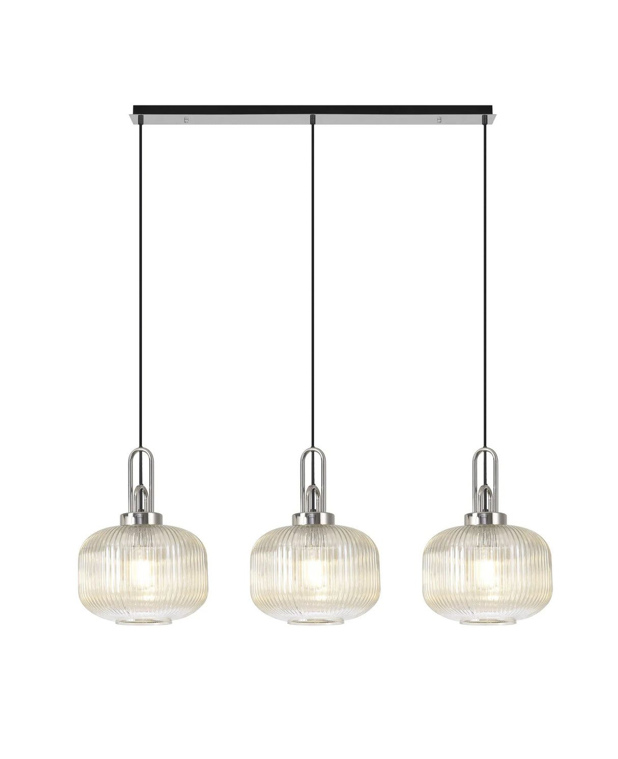 Allardyce Linear 3 Light Pendant E27, Polished Nickel/Matt Black With 30cm Pumpkin Shaped Ribbed Champagne Glass