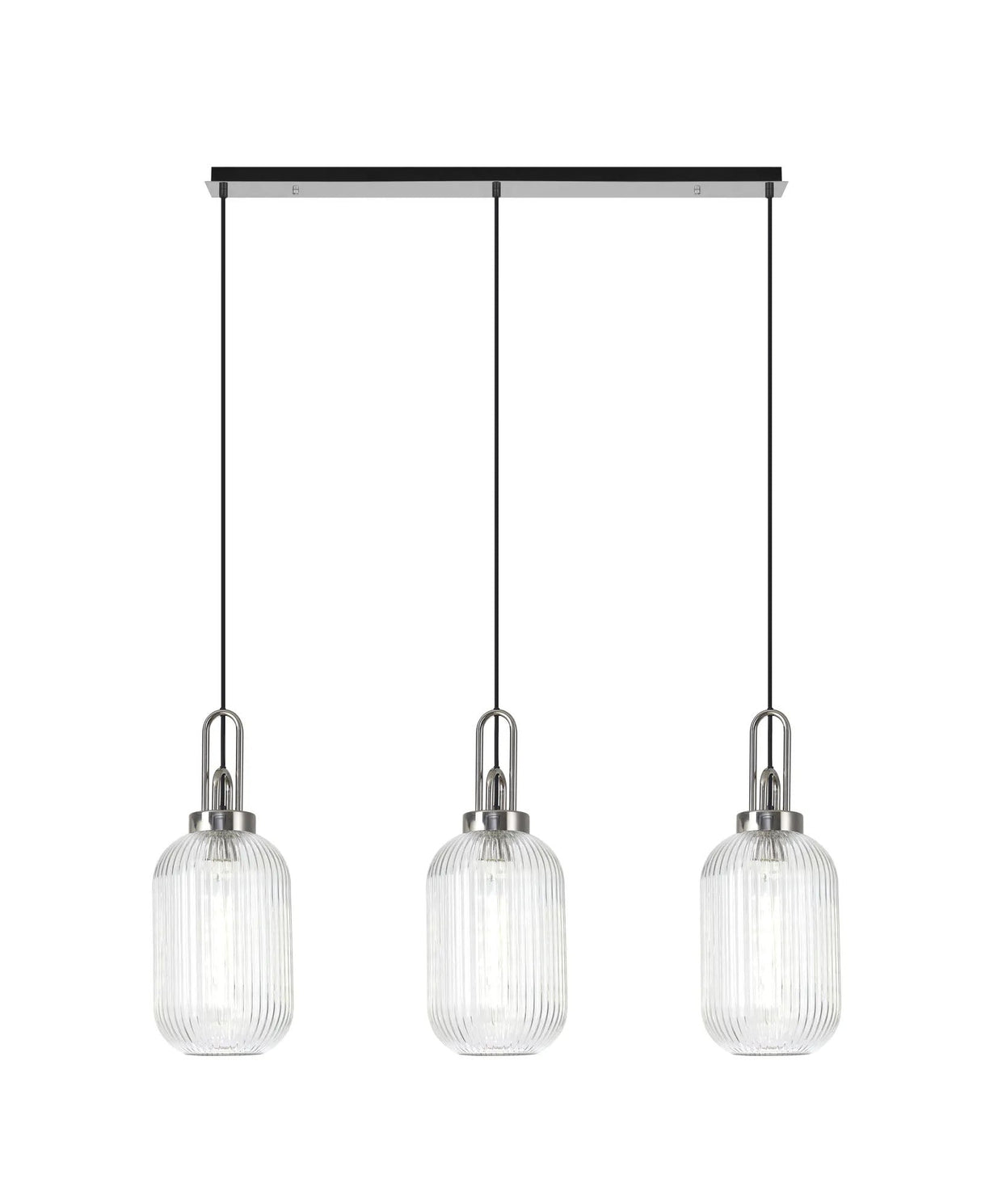Allardyce Linear 3 Light Pendant E27 With 20cm Tubular Ribbed Glass, Clear Polished Nickel/Matt Black