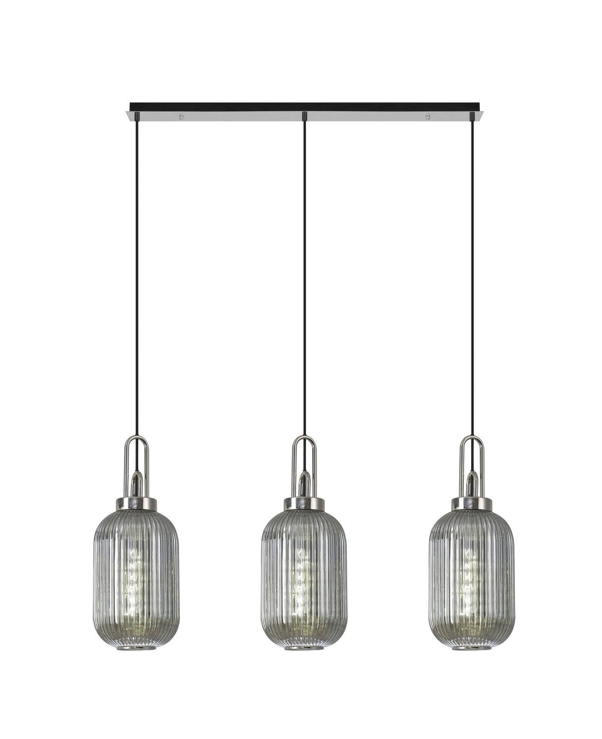 Allardyce Linear 3 Light Pendant E27 With 20cm Tubular Ribbed Glass, Smoked Polished Nickel/Matt Black