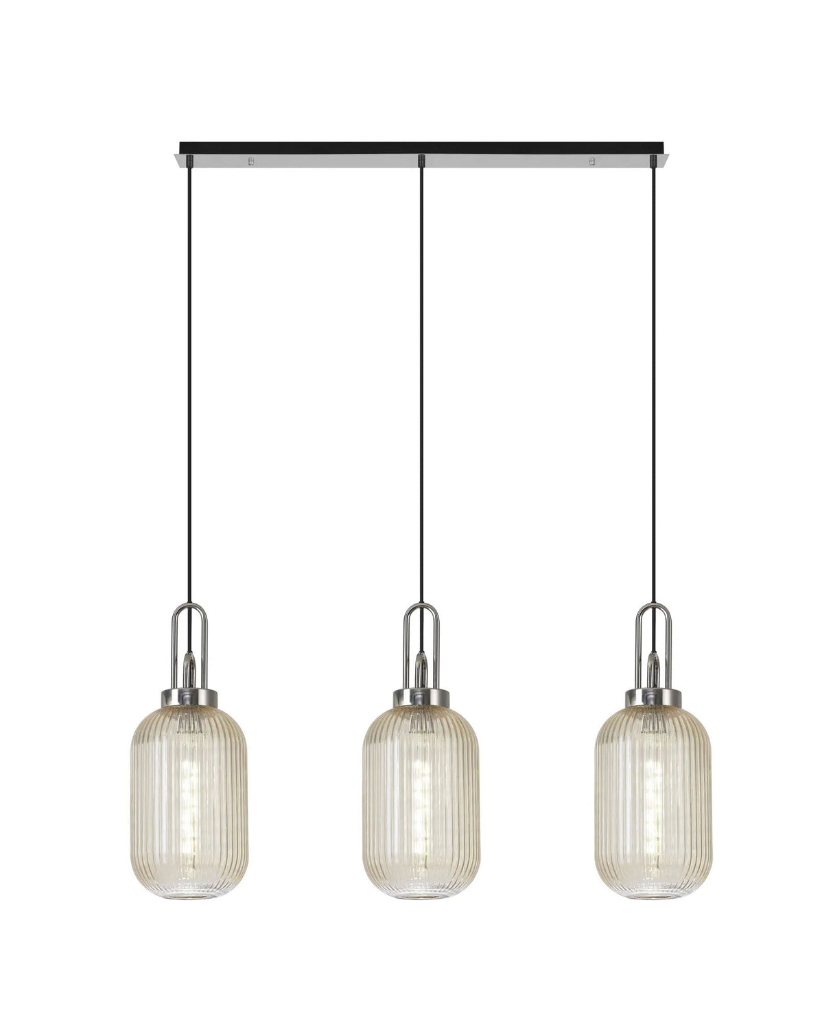 Allardyce Linear 3 Light Pendant E27 With 20cm Tubular Ribbed Glass, Champagne Polished Nickel/Matt Black