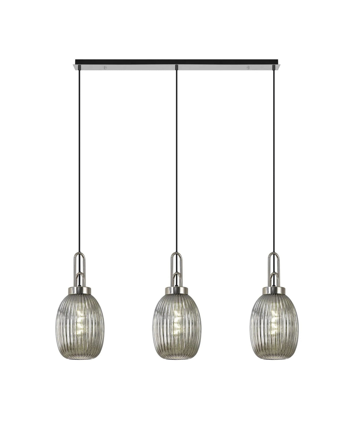 Allardyce Linear 3 Light Pendant E27 With 20cm Almond Ribbed Glass, Smoked Polished Nickel/Matt Black