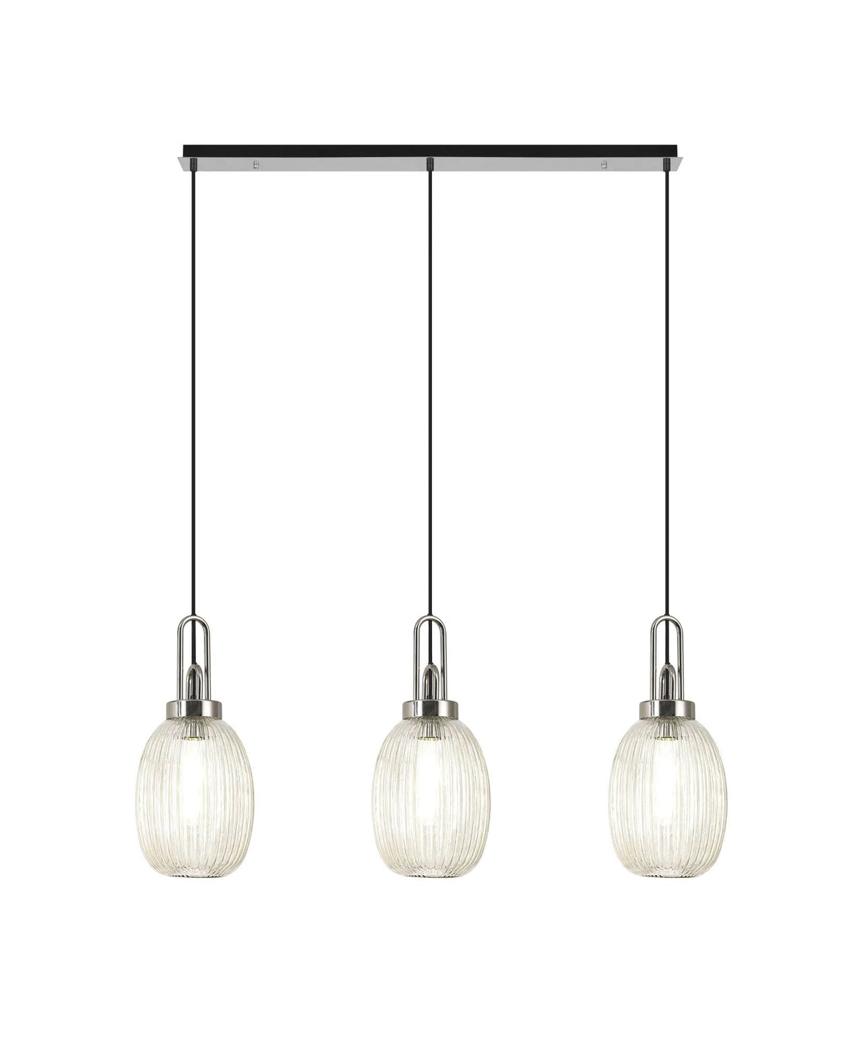 Allardyce Linear 3 Light Pendant E27 With 20cm Almond Ribbed Glass, Champagne Polished Nickel/Matt Black