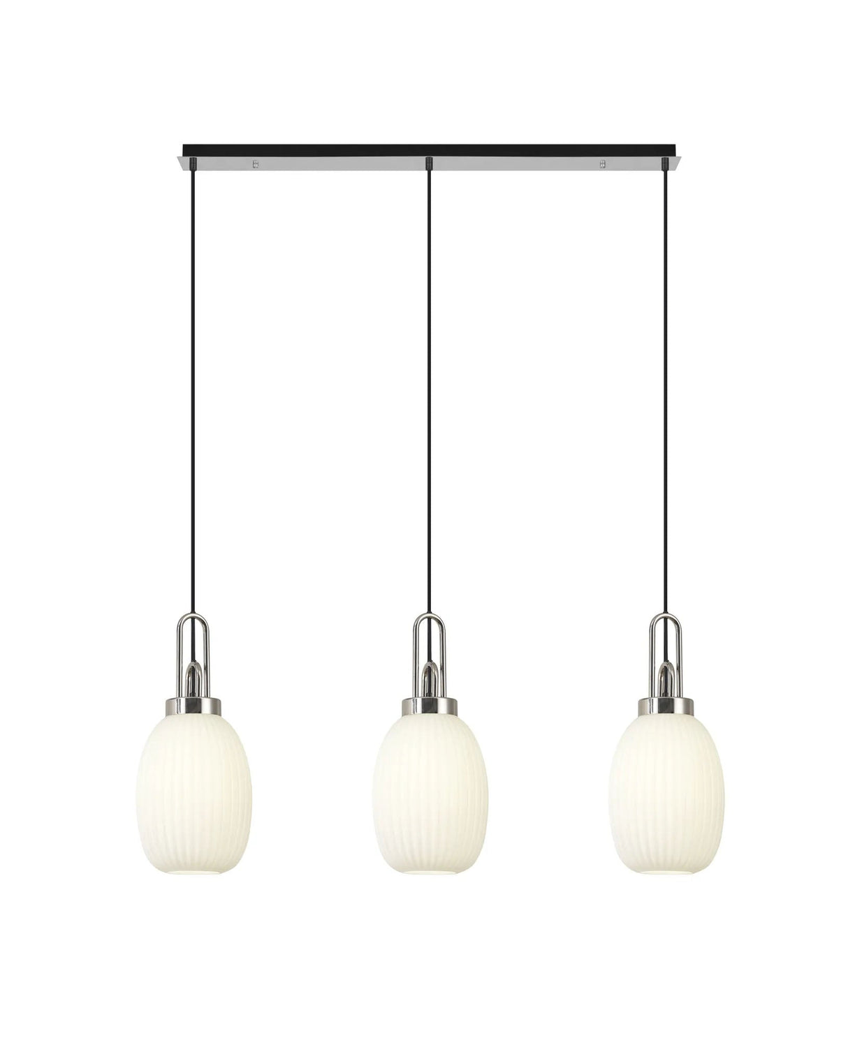 Allardyce Linear 3 Light Pendant E27 With 20cm Almond Ribbed Glass, Opal Polished Nickel/Matt Black