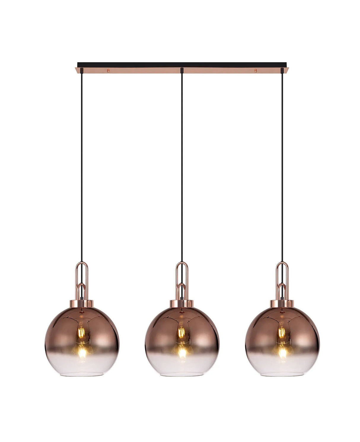 Allardyce Linear 3 Light Pendant E27 With 30cm Globe Glass, Copper/Clear Copper/Matt Black