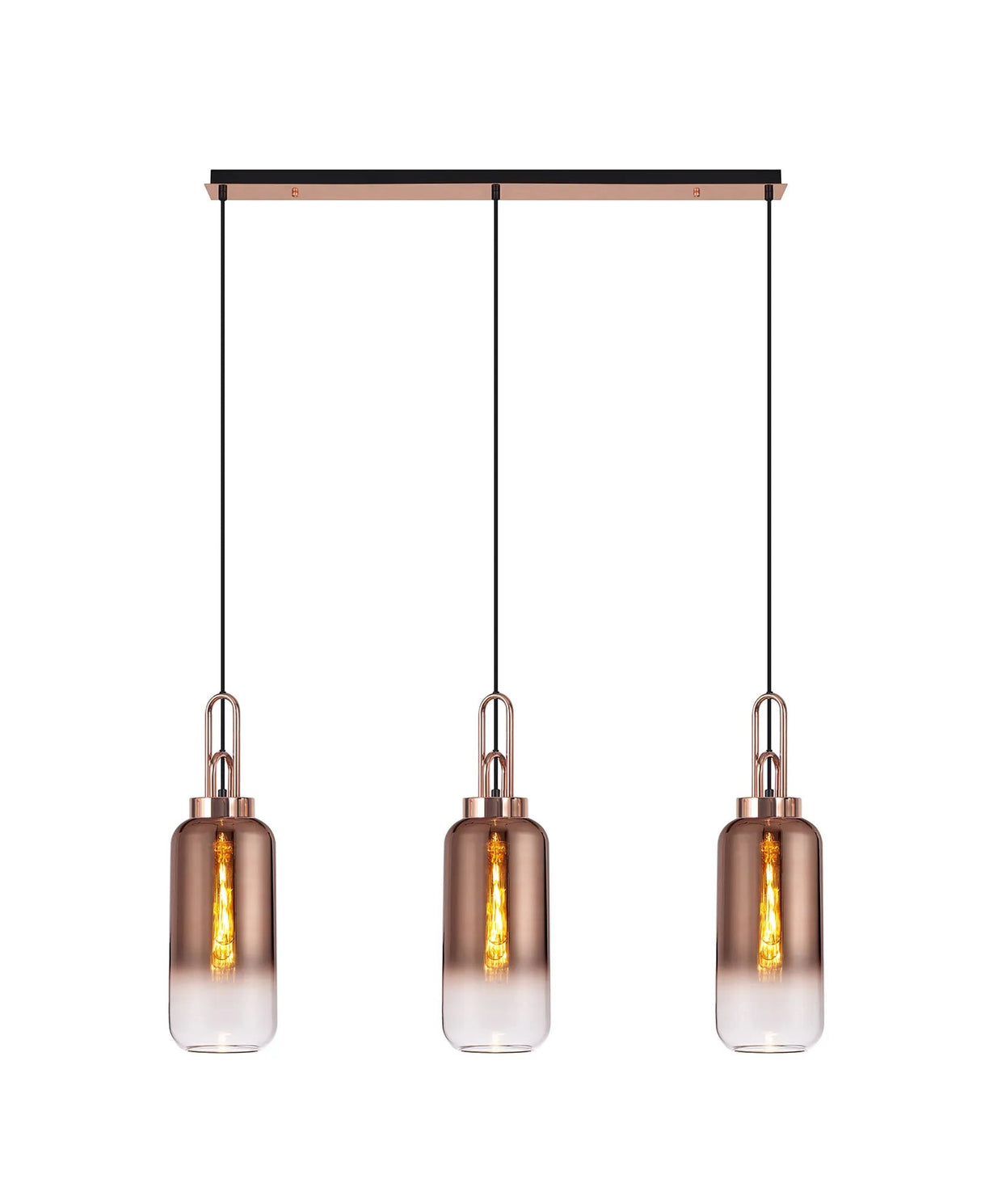 Allardyce Linear 3 Light Pendant E27 With 16cm Cylinder Glass, Copper/Clear Copper/Matt Black