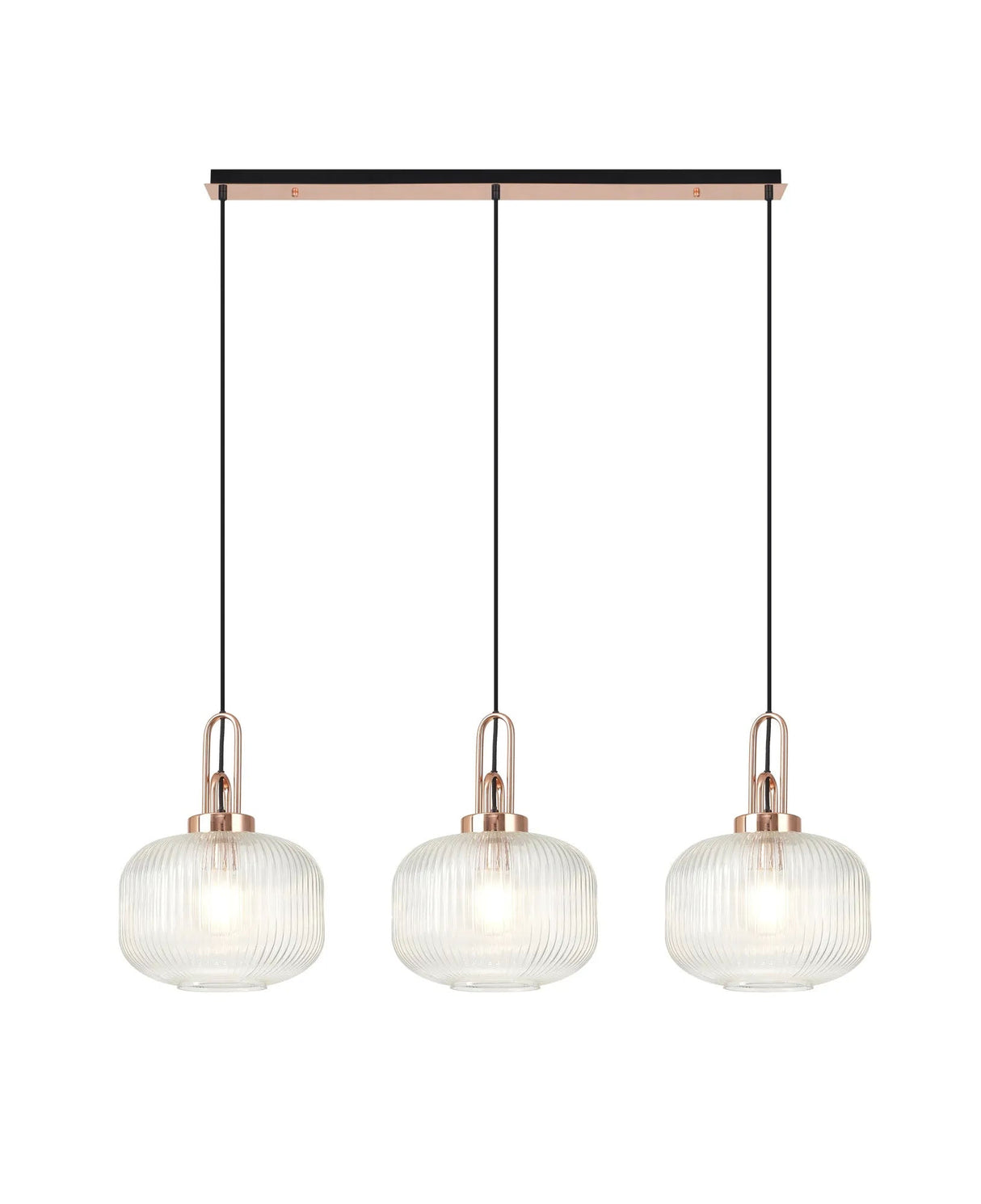 Allardyce Linear 3 Light Pendant E27, Copper/Matt Black With 30cm Pumpkin Shaped Ribbed Clear Glass