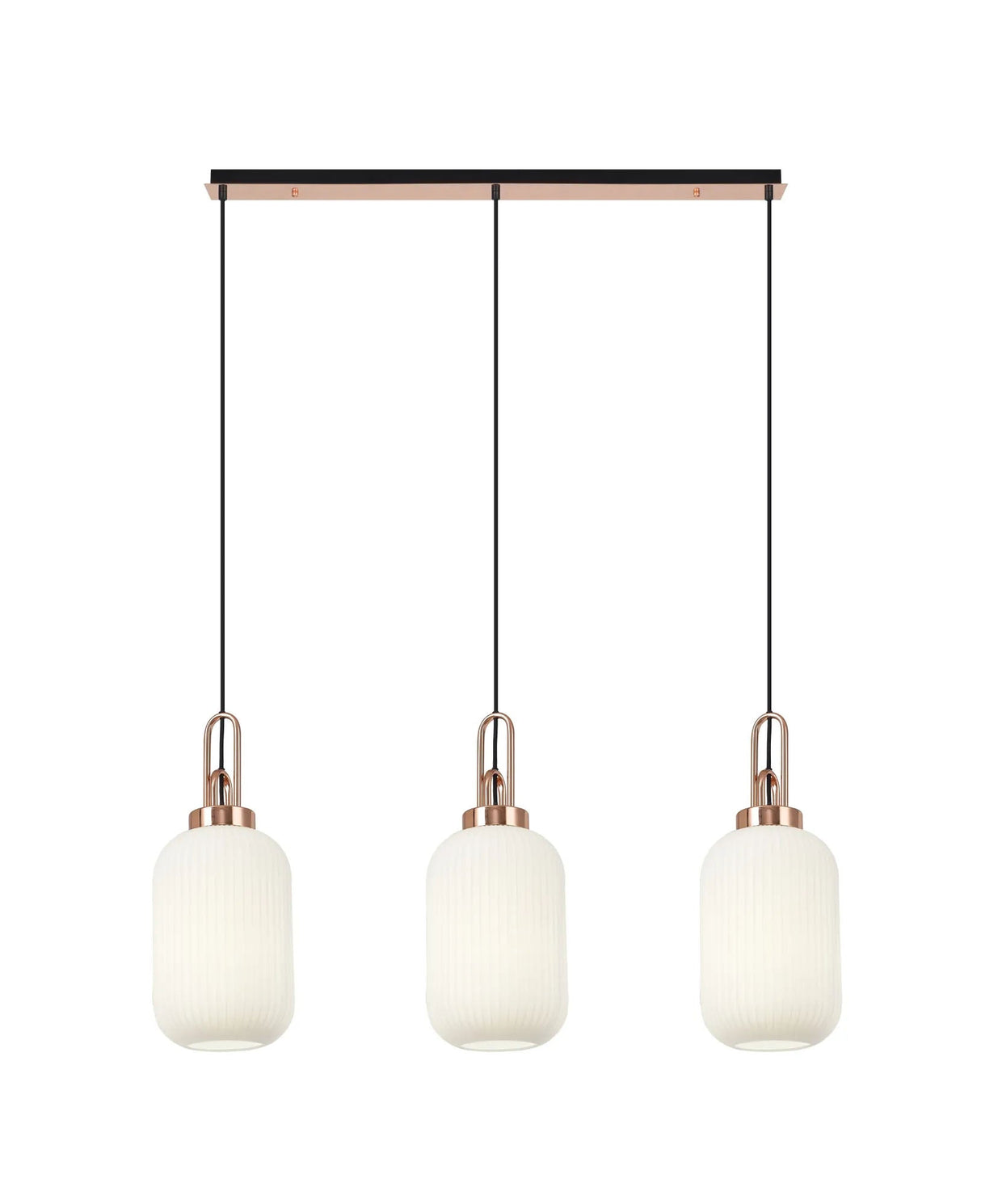 Allardyce Linear 3 Light Pendant E27 With 20cm Tubular Ribbed Glass, Opal Copper/Matt Black