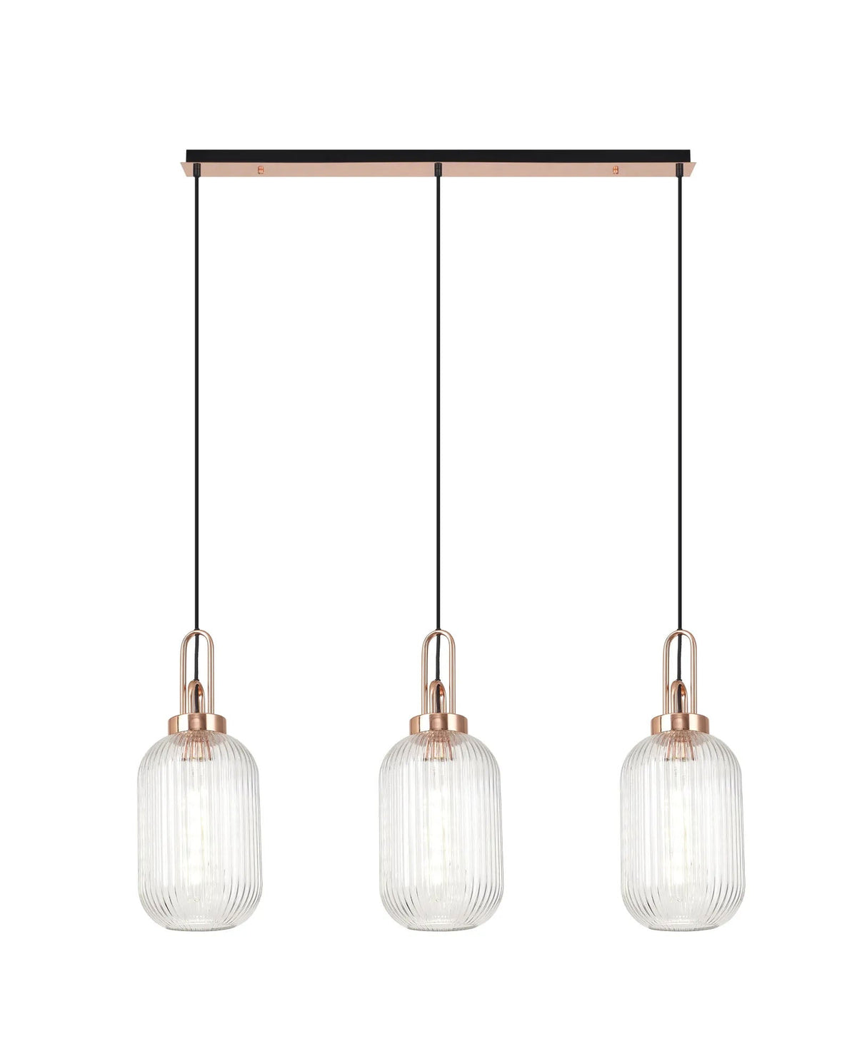 Allardyce Linear 3 Light Pendant E27 With 20cm Tubular Ribbed Glass, Clear Copper/Matt Black
