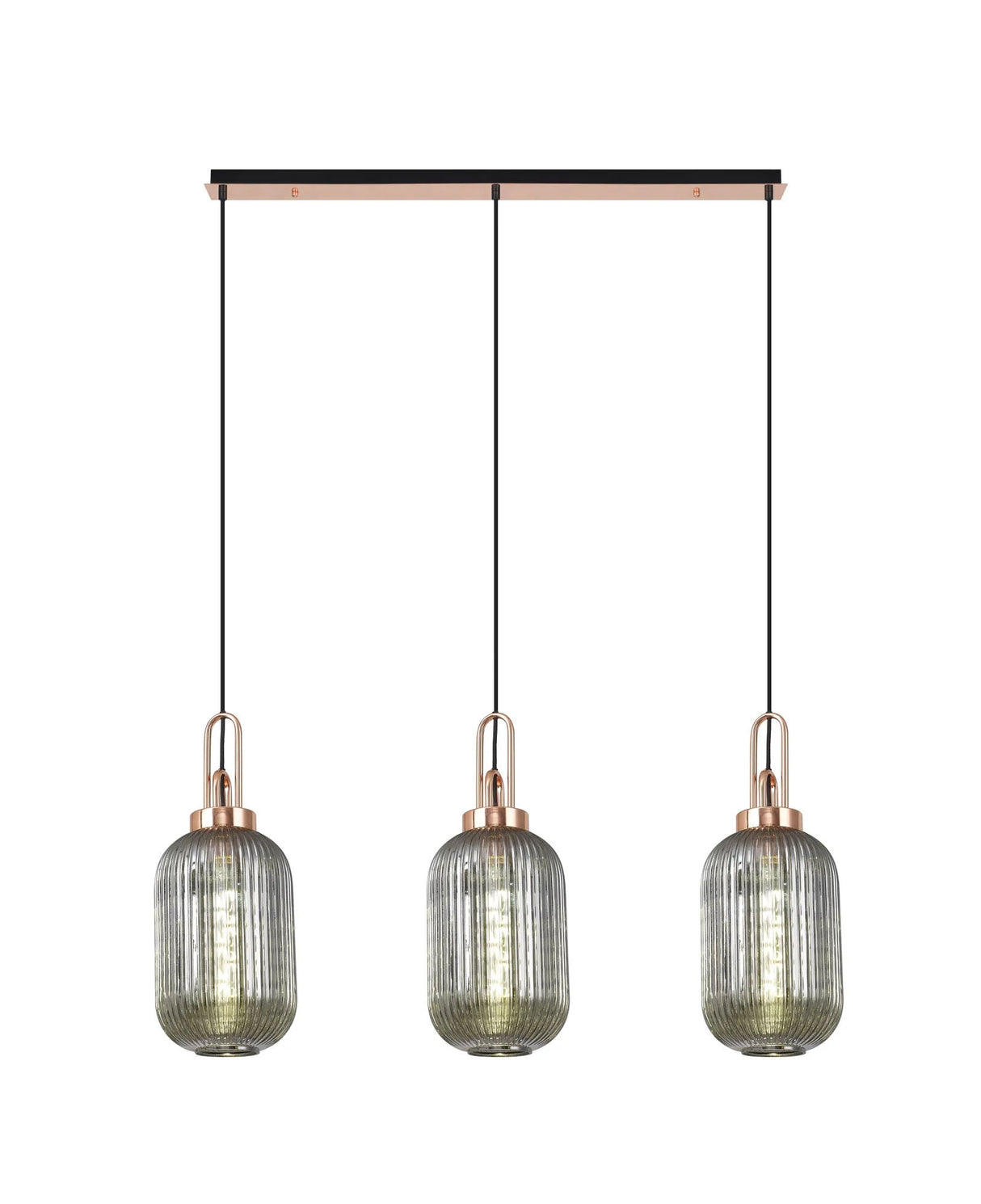 Allardyce Linear 3 Light Pendant E27 With 20cm Tubular Ribbed Glass, Smoked Copper/Matt Black