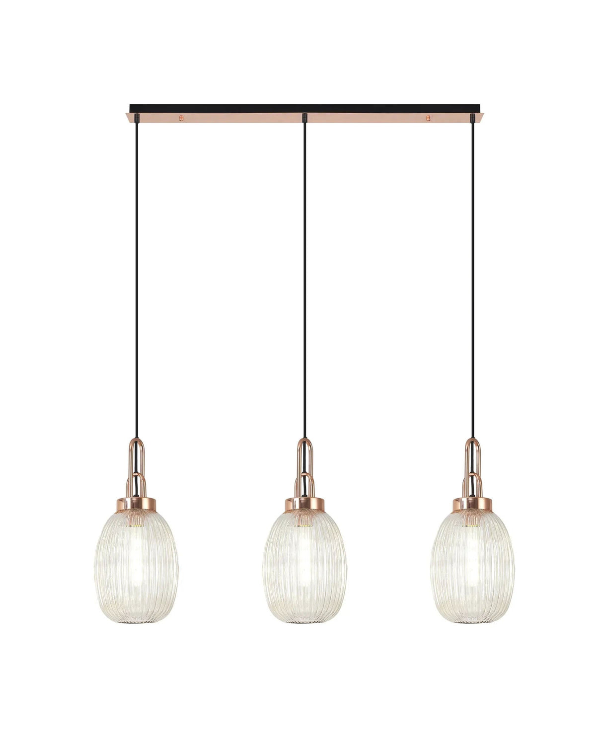 Allardyce Linear 3 Light Pendant E27 With 20cm Almond Ribbed Glass, Champagne Copper/Matt Black