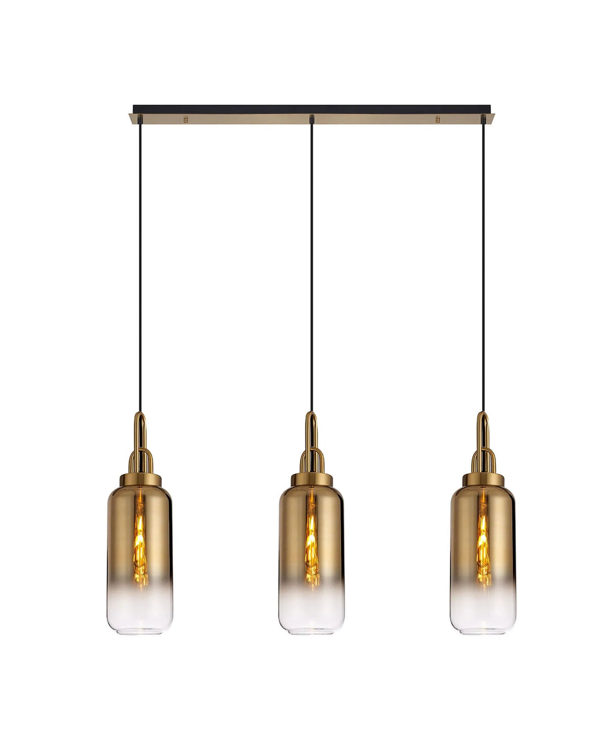 Allardyce Linear 3 Light Pendant E27 With 16cm Cylinder Glass, Brass Gold/Clear Brass Gold/Matt Black