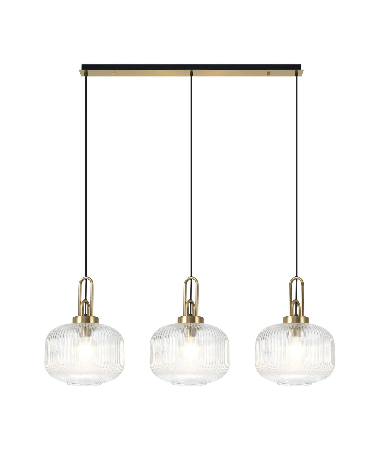 Allardyce Linear 3 Light Pendant E27, Brass Gold/Matt Black With 30cm Pumpkin Shaped Ribbed Clear Glass