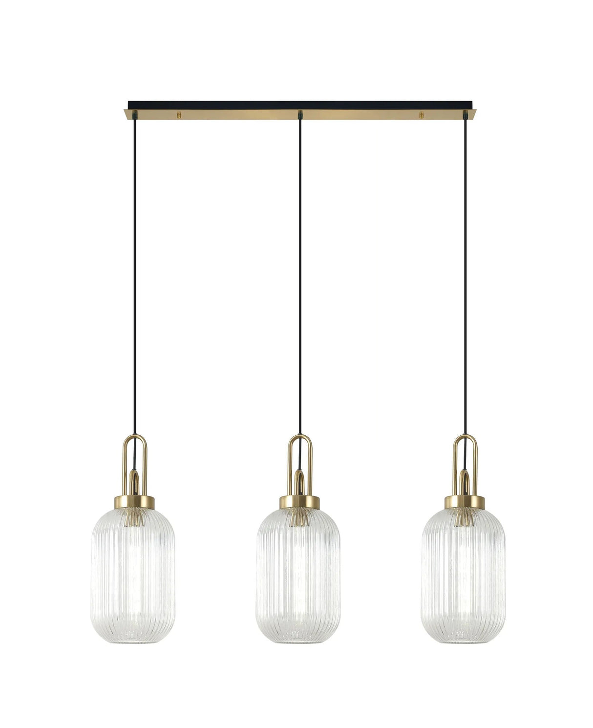Allardyce Linear 3 Light Pendant E27 With 20cm Tubular Ribbed Glass, Clear Brass Gold/Matt Black