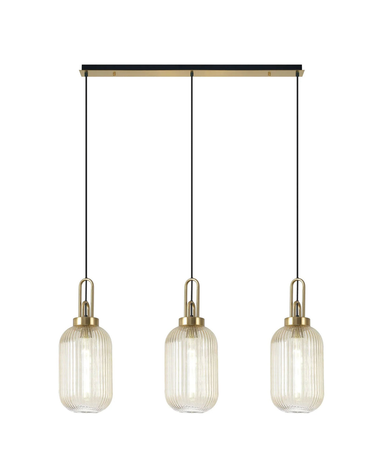 Allardyce Linear 3 Light Pendant E27 With 20cm Tubular Ribbed Glass, Champagne Brass Gold/Matt Black