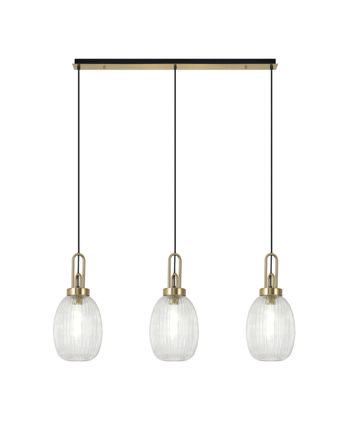 Allardyce Linear 3 Light Pendant E27 With 20cm Almond Ribbed Glass, Clear Brass Gold/Matt Black