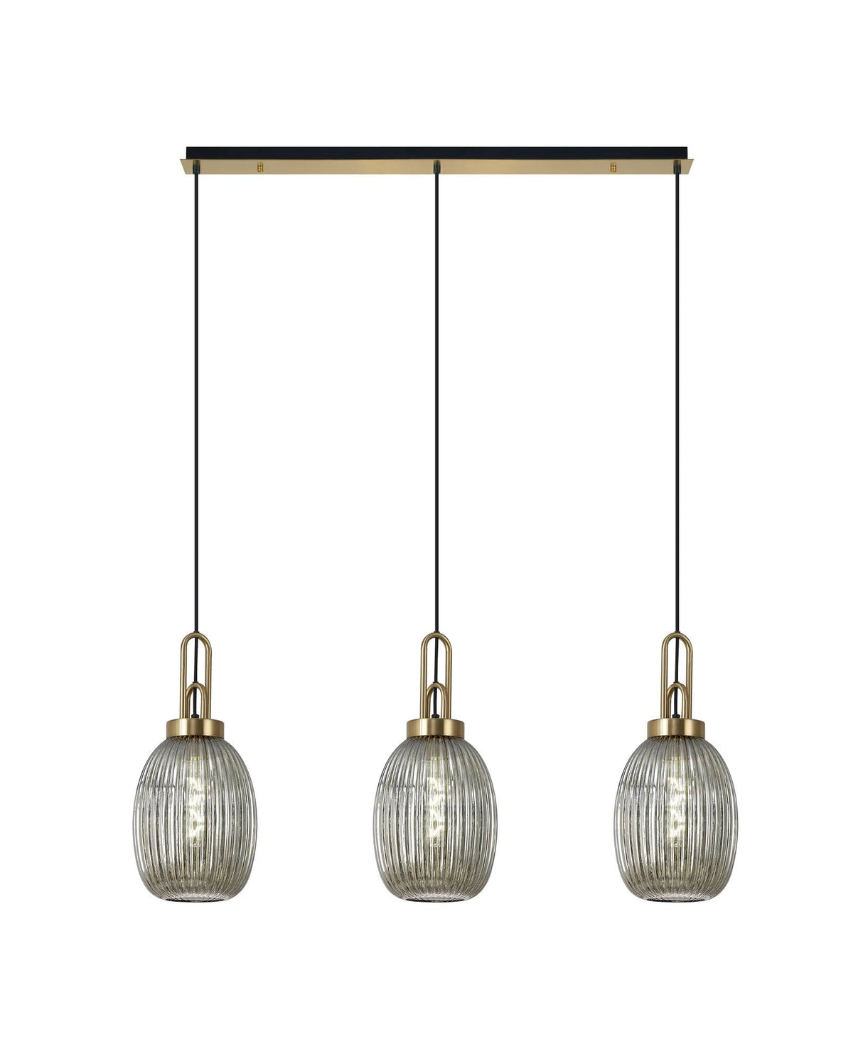 Allardyce Linear 3 Light Pendant E27 With 20cm Almond Ribbed Glass, Smoked Brass Gold/Matt Black
