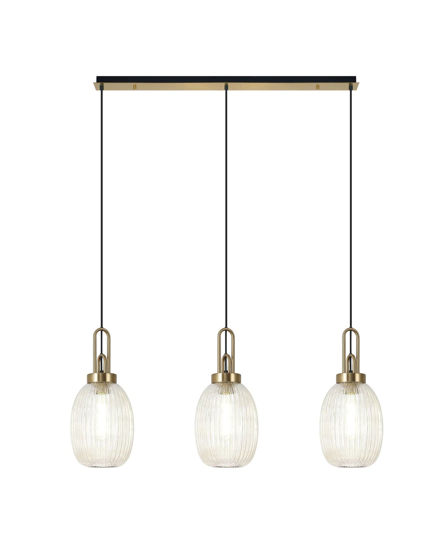 Allardyce Linear 3 Light Pendant E27 With 20cm Almond Ribbed Glass, Champagne Brass Gold/Matt Black
