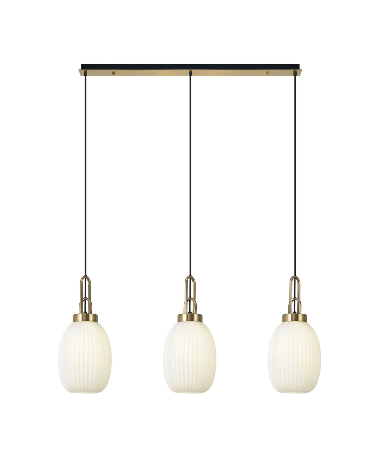 Allardyce Linear 3 Light Pendant E27 With 20cm Almond Ribbed Glass, Opal Brass Gold/Matt Black