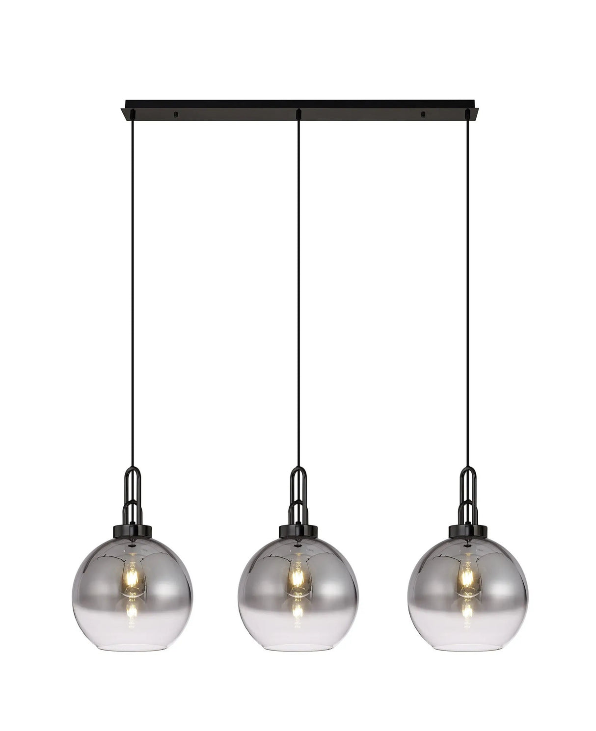 Allardyce Linear 3 Light Pendant E27 With 30cm Globe Glass, Smoked/Clear Black Chrome/Matt Black