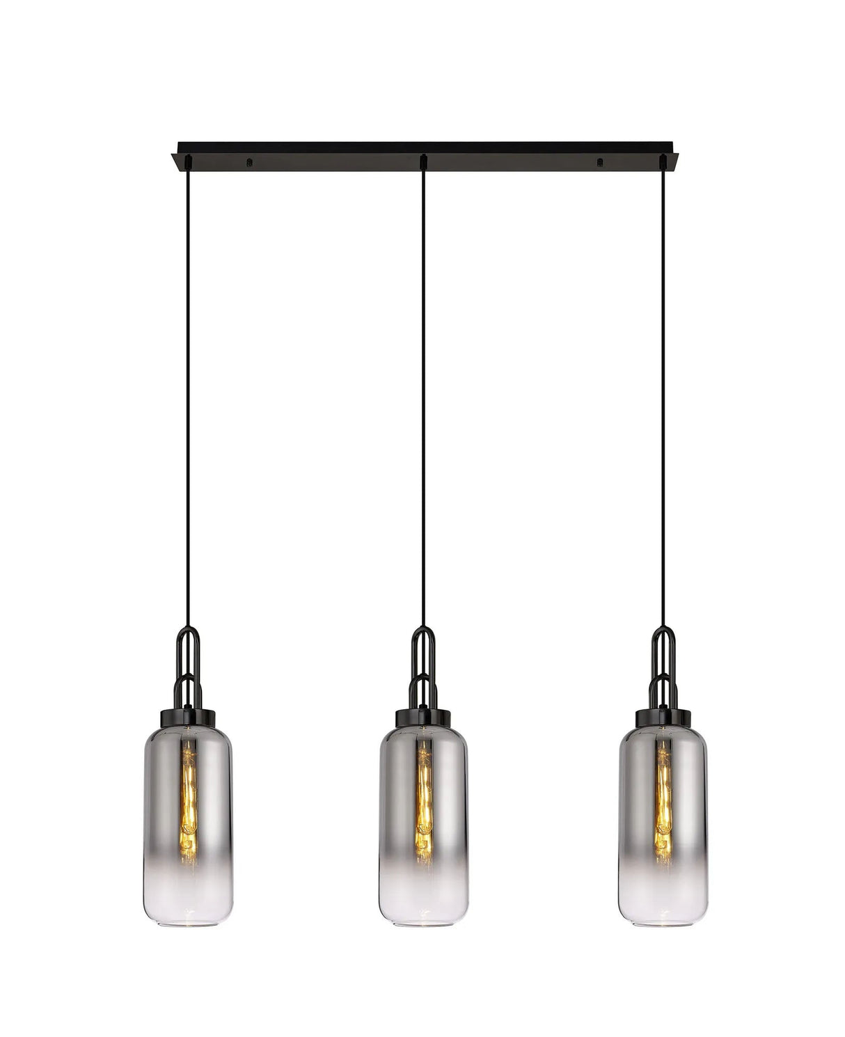 Allardyce Linear 3 Light Pendant E27 With 16cm Cylinder Glass, Smoked/Clear Black Chrome/Matt Black