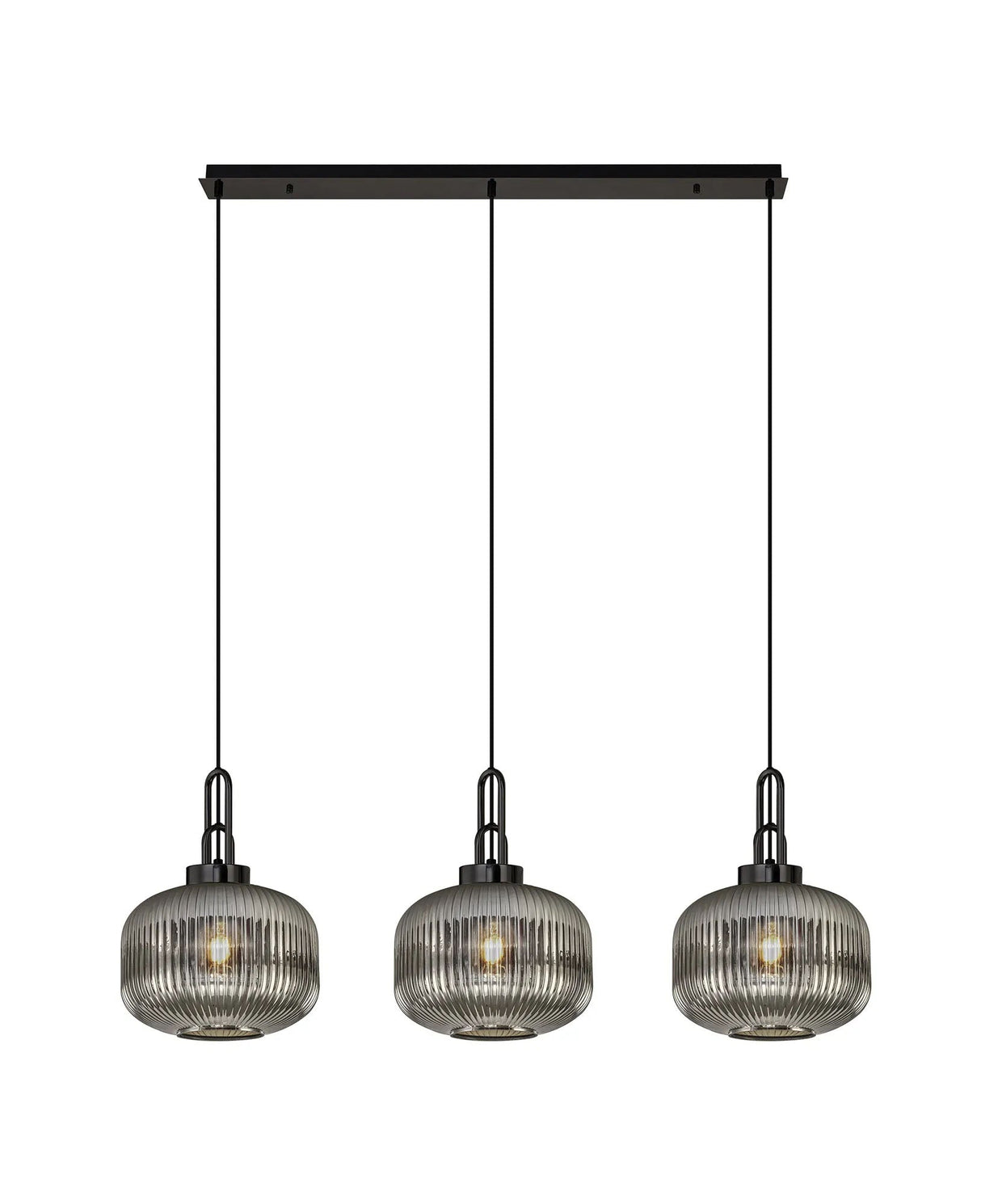 Allardyce Linear 3 Light Pendant E27, Black Chrome/Matt Black With 30cm Pumpkin Shaped Ribbed Smoked Glass