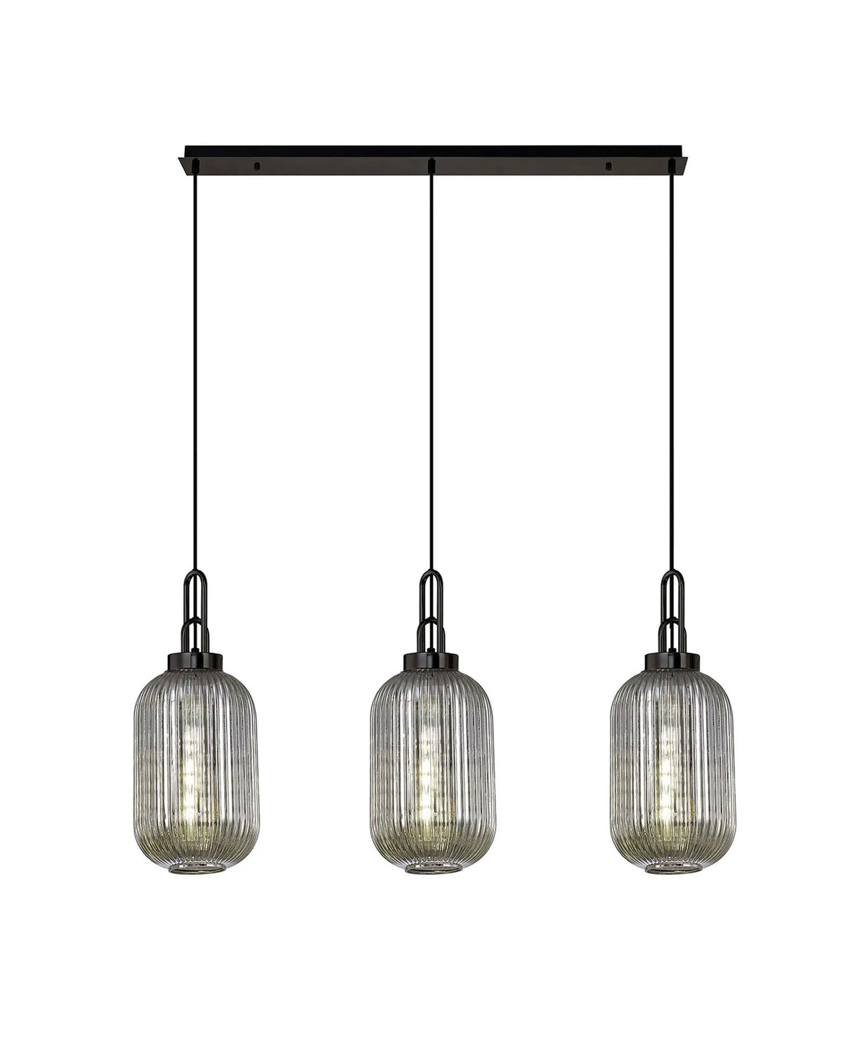 Allardyce Linear 3 Light Pendant E27 With 20cm Tubular Ribbed Glass, Smoked Black Chrome/Matt Black