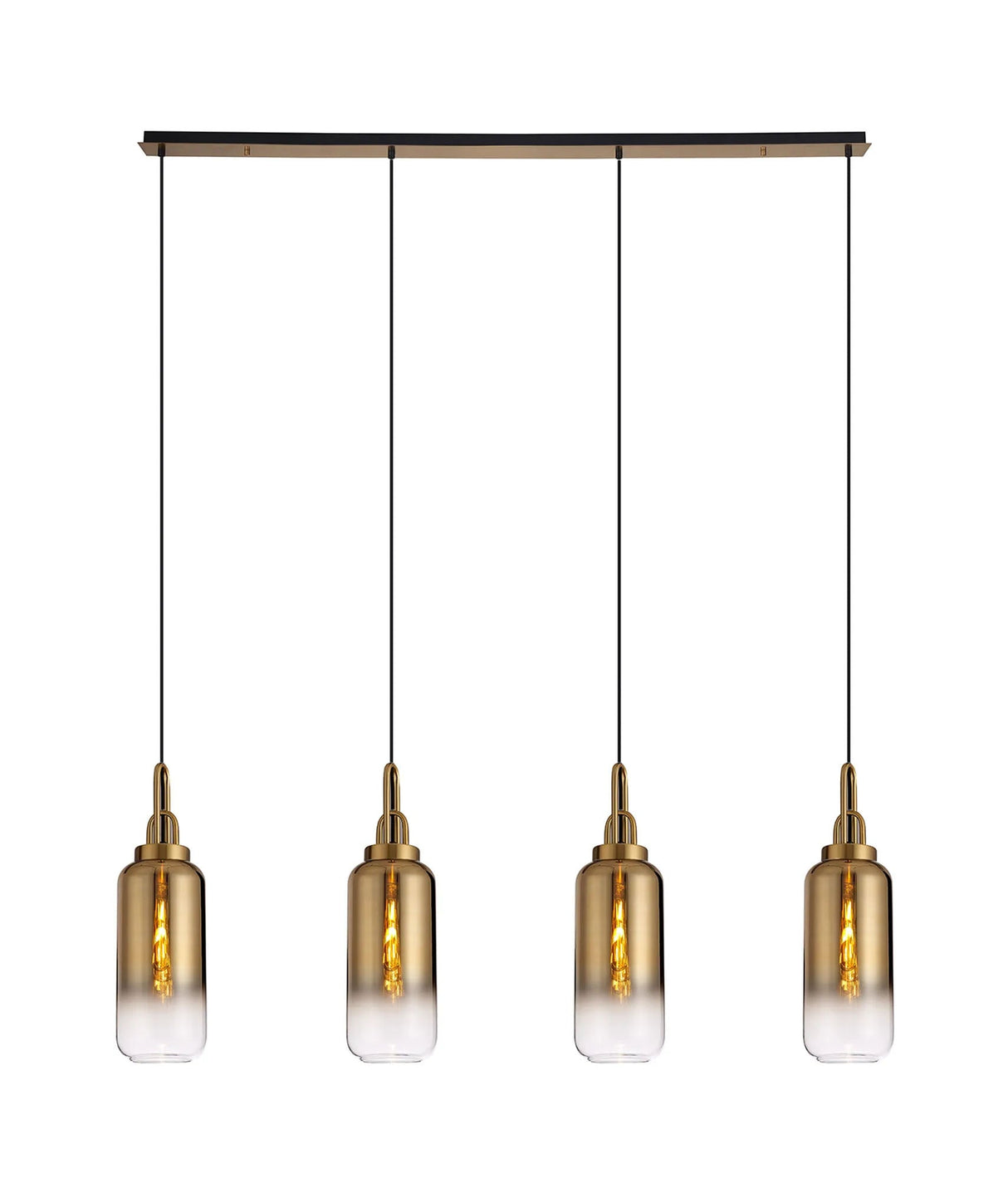Allardyce Linear 4 Light Pendant E27 With 16cm Cylinder Glass, Brass Gold/Clear Brass Gold/Matt Black