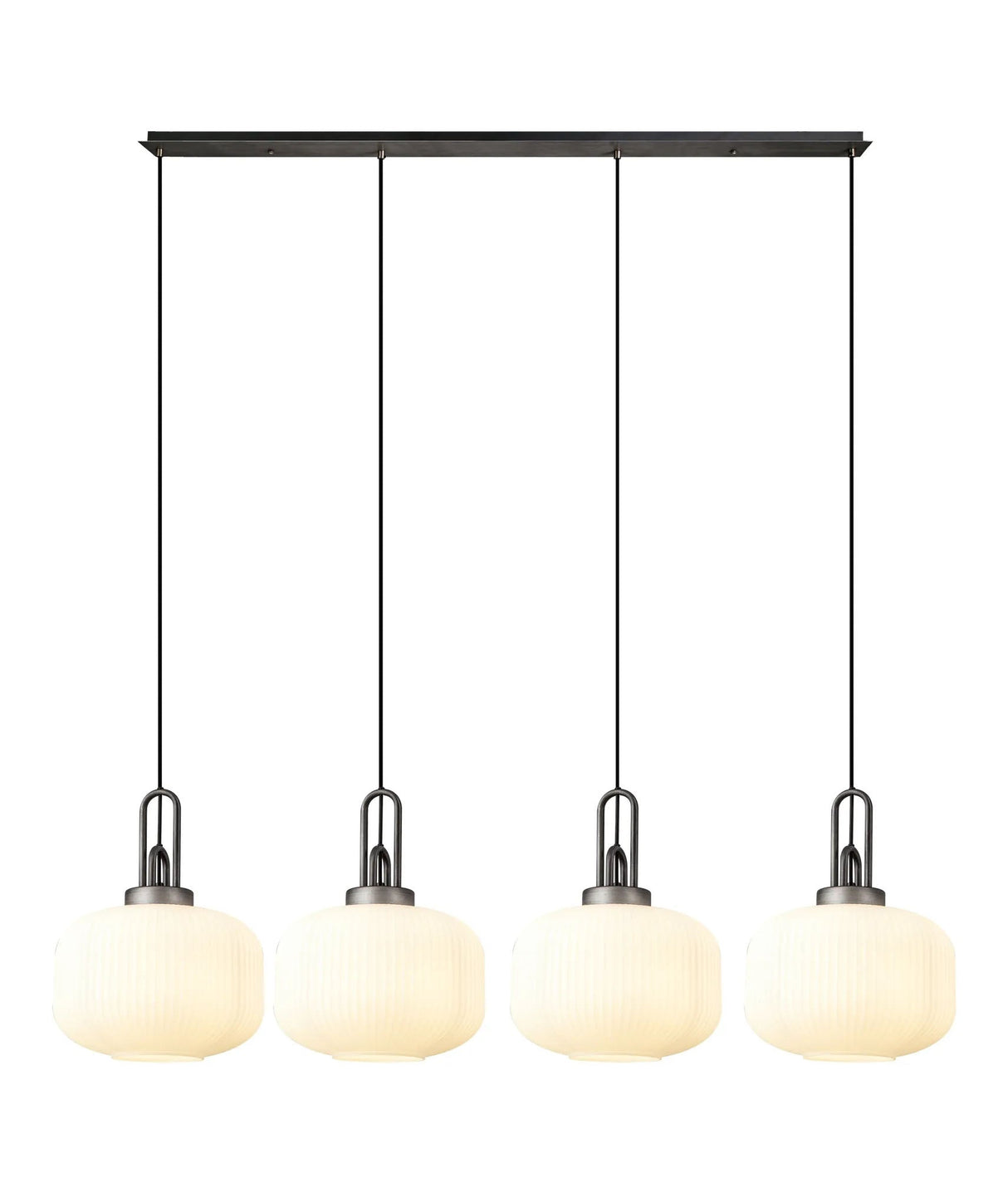 Allardyce Linear Pendant, 4 x E27, Aged Pewter/Matt Black With 30cm Pumpkin Shaped Ribbed Opal Glass