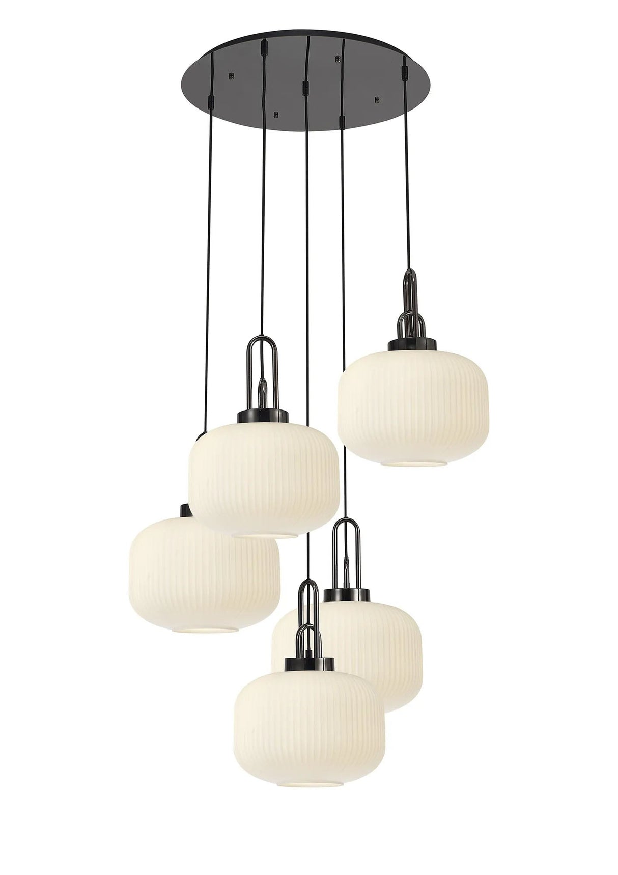 Allardyce 2.5m Round Pendant, 5 x E27, Black Chrome/Matt Black With 30cm Pumpkin Shaped Ribbed Opal Glass