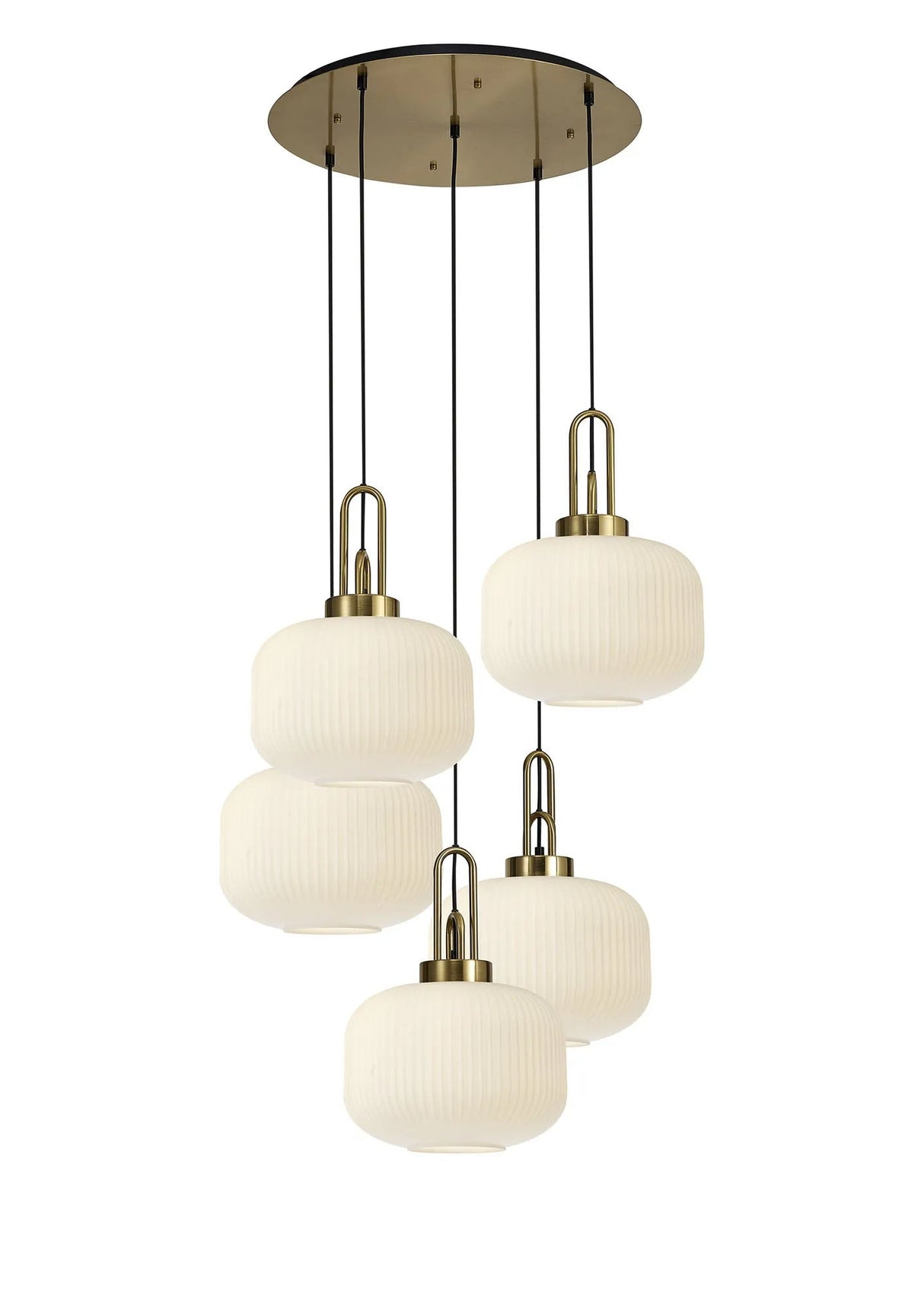 Allardyce 2.5m Round Pendant, 5 x E27, Brass Gold/Matt Black With 30cm Pumpkin Shaped Ribbed Opal Glass