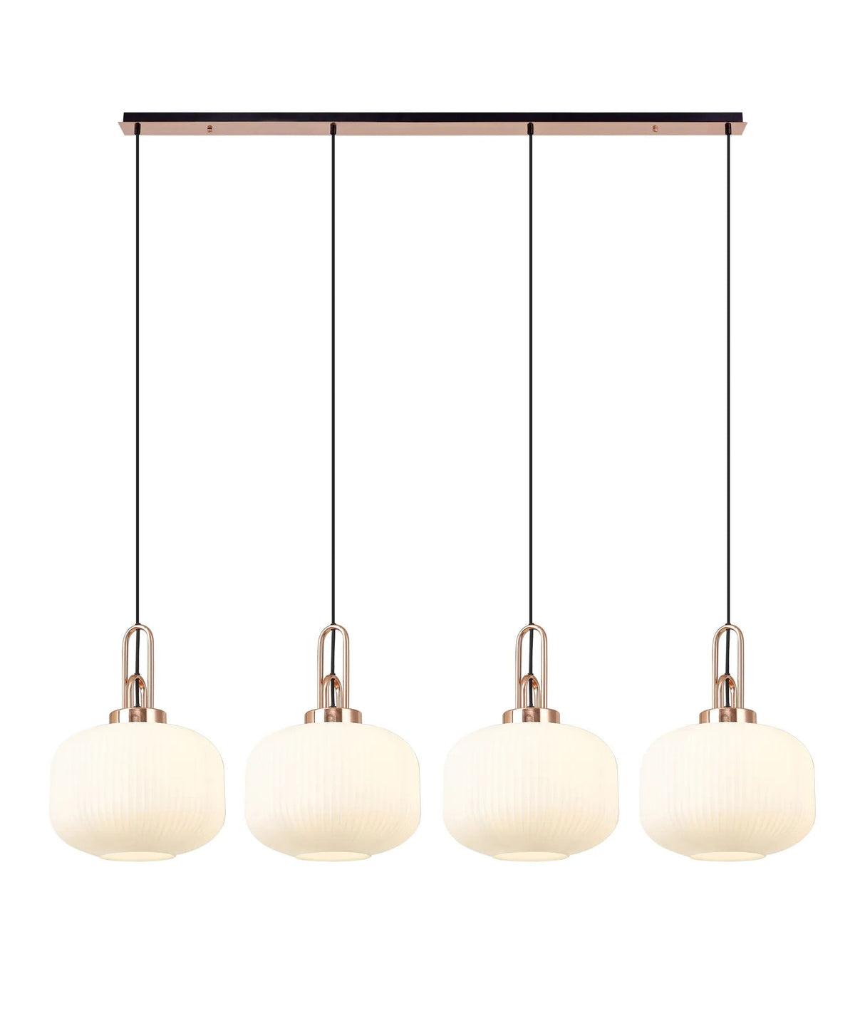 Allardyce Linear Pendant, 4 x E27, Copper/Matt Black With 30cm Pumpkin Shaped Ribbed Opal Glass