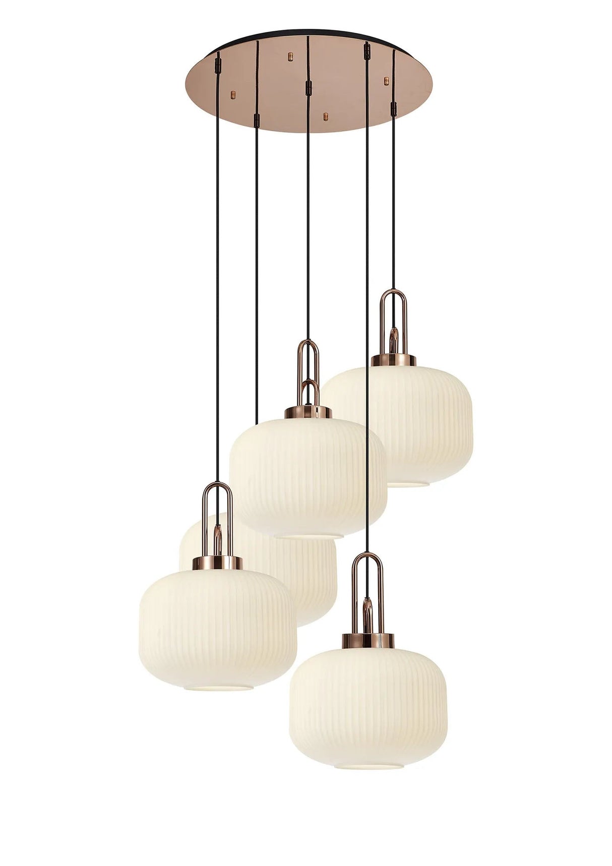 Allardyce 2.5m Round Pendant, 5 x E27, Copper/Matt Black With 30cm Pumpkin Shaped Ribbed Opal Glass