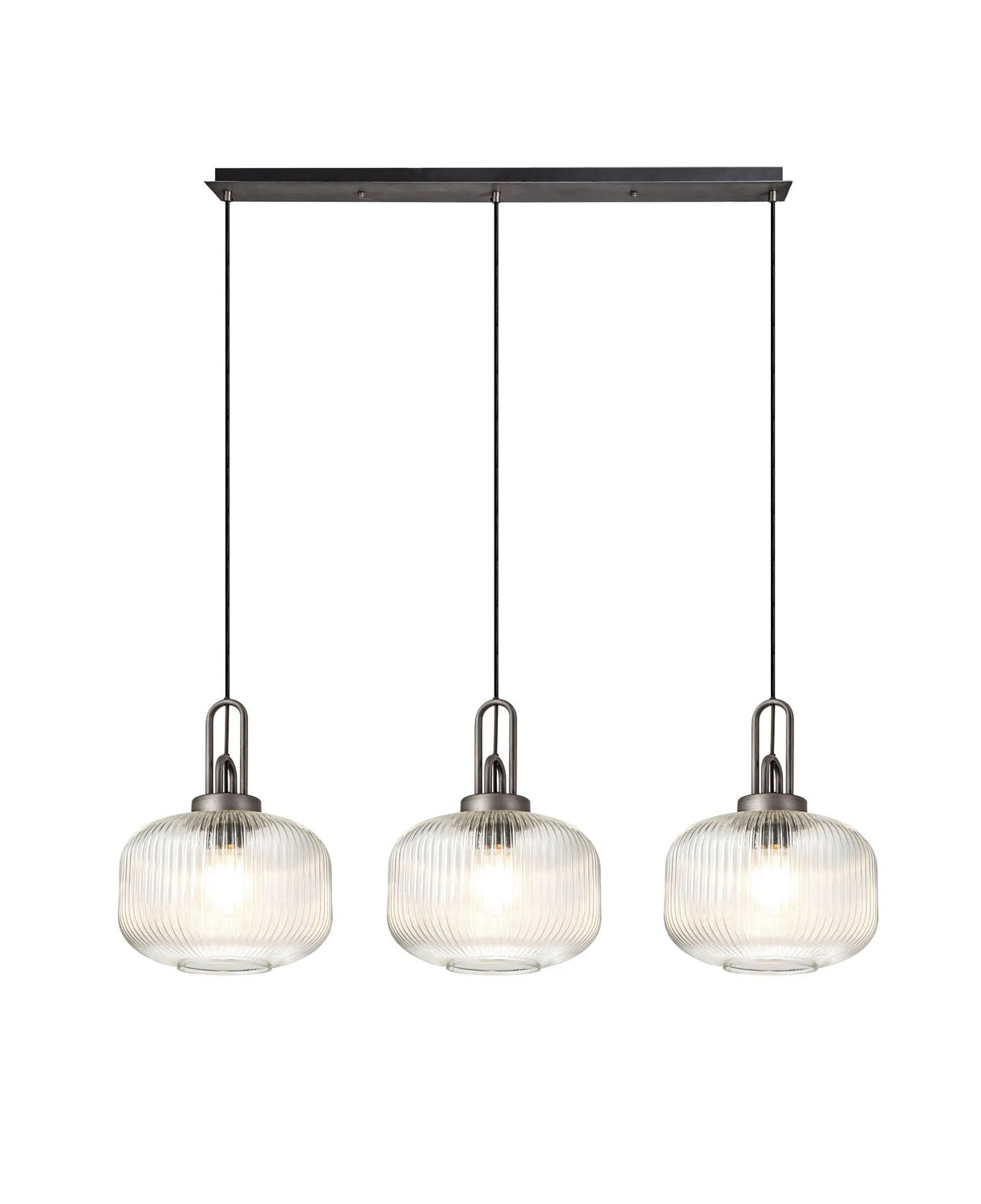 Allardyce Linear 3 Light Pendant E27, Aged Pewter/Matt Black With 30cm Pumpkin Shaped Ribbed Clear Glass
