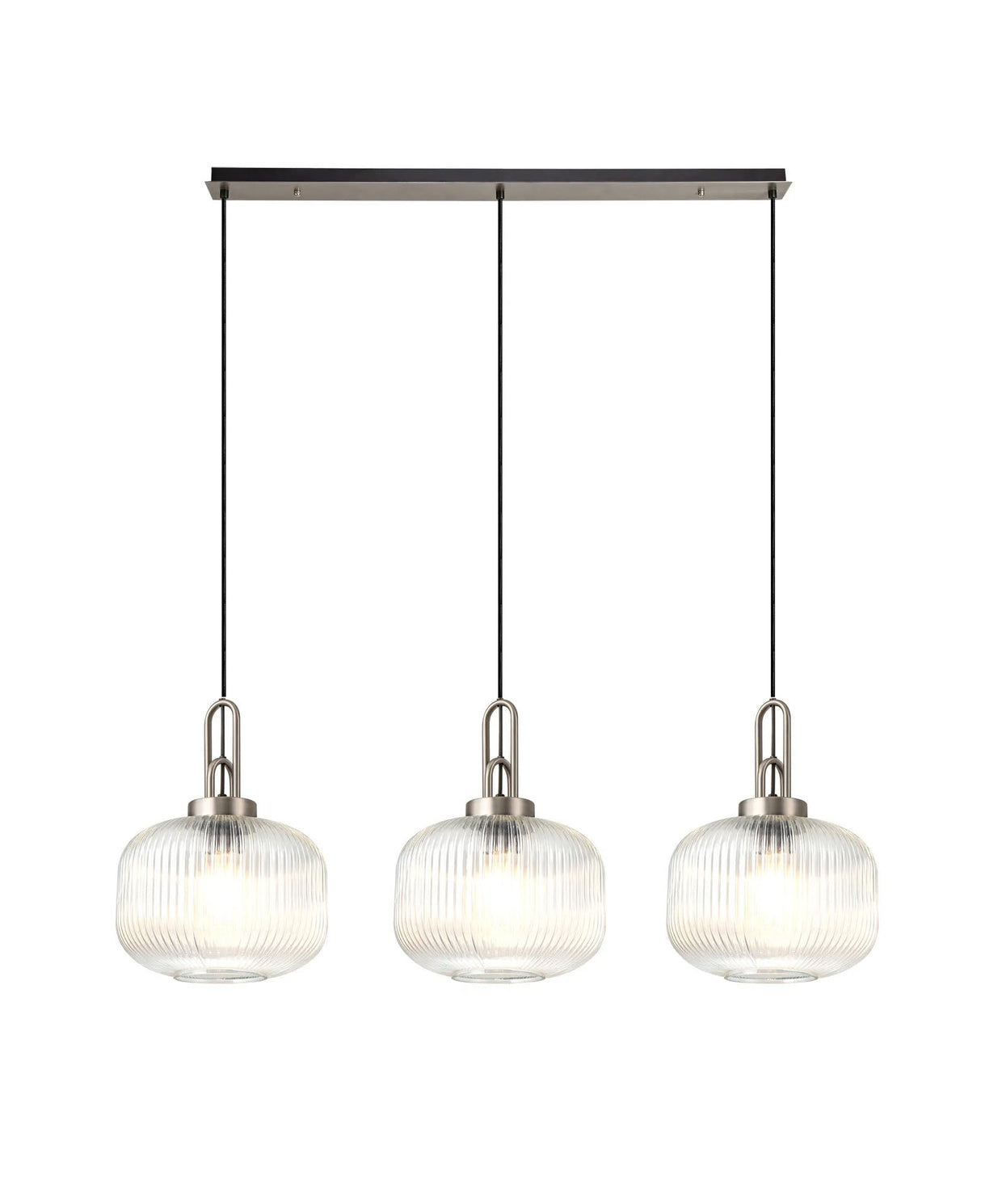 Allardyce Linear 3 Light Pendant E27, Antique Silver/Matt Black With 30cm Pumpkin Shaped Ribbed Clear Glass