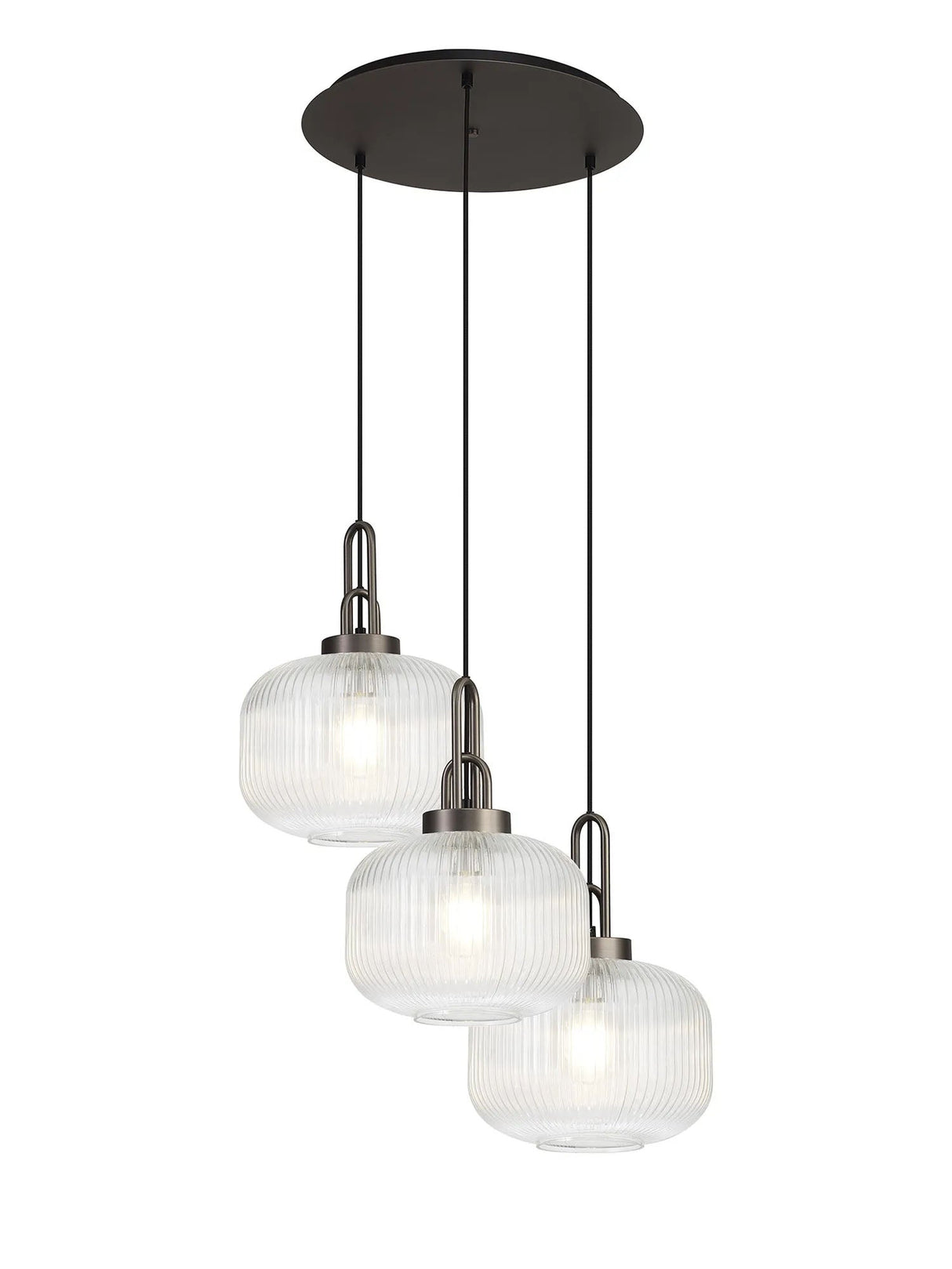 Allardyce 2m Round Pendant, 3 x E27, Antique Silver/Matt Black With 30cm Pumpkin Shaped Ribbed Clear Glass